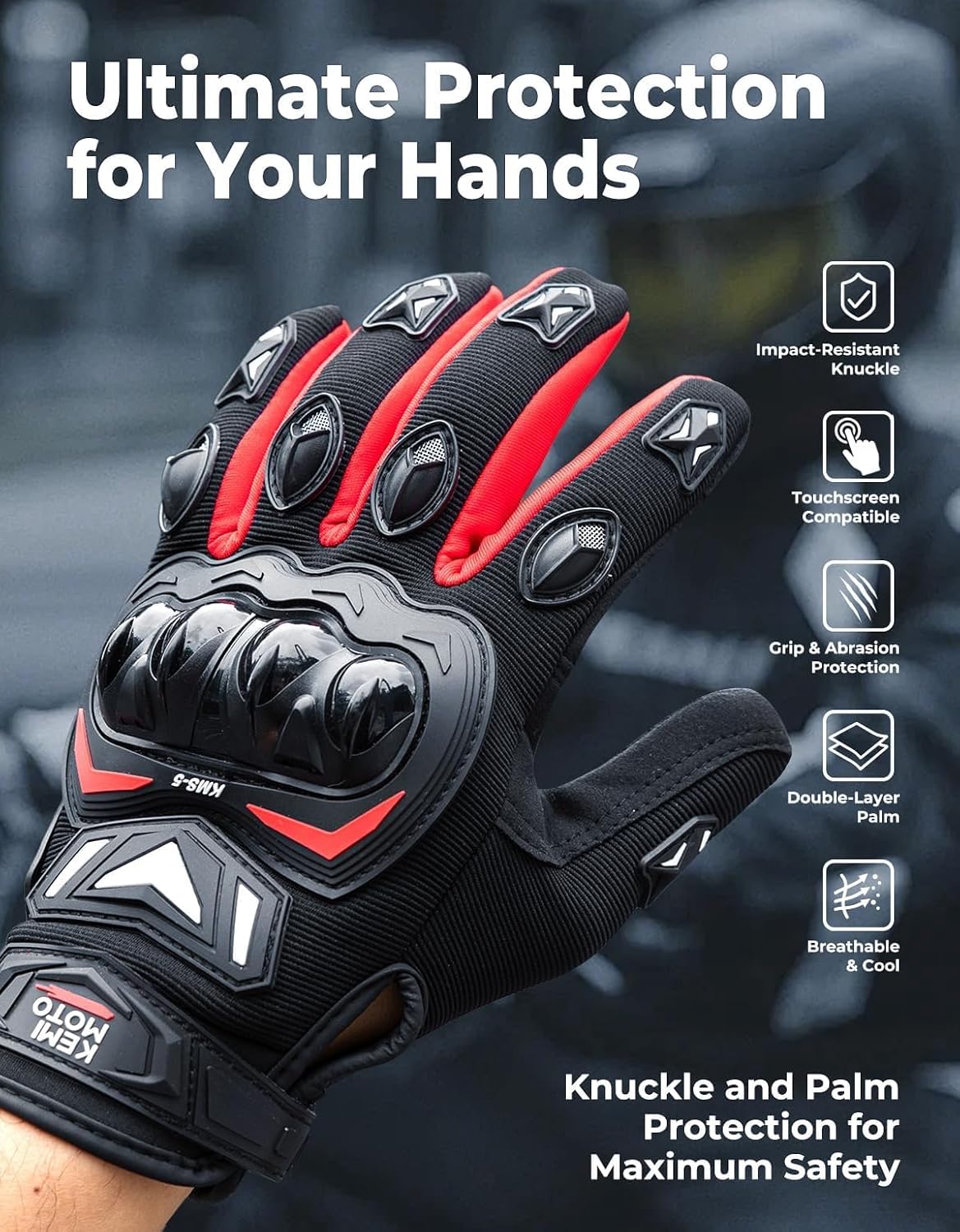 Detalle 2 de KEMIMOTO Motorcycle Gloves for Men — Touchscreen Compatible, Abrasion-Resistant Palm
