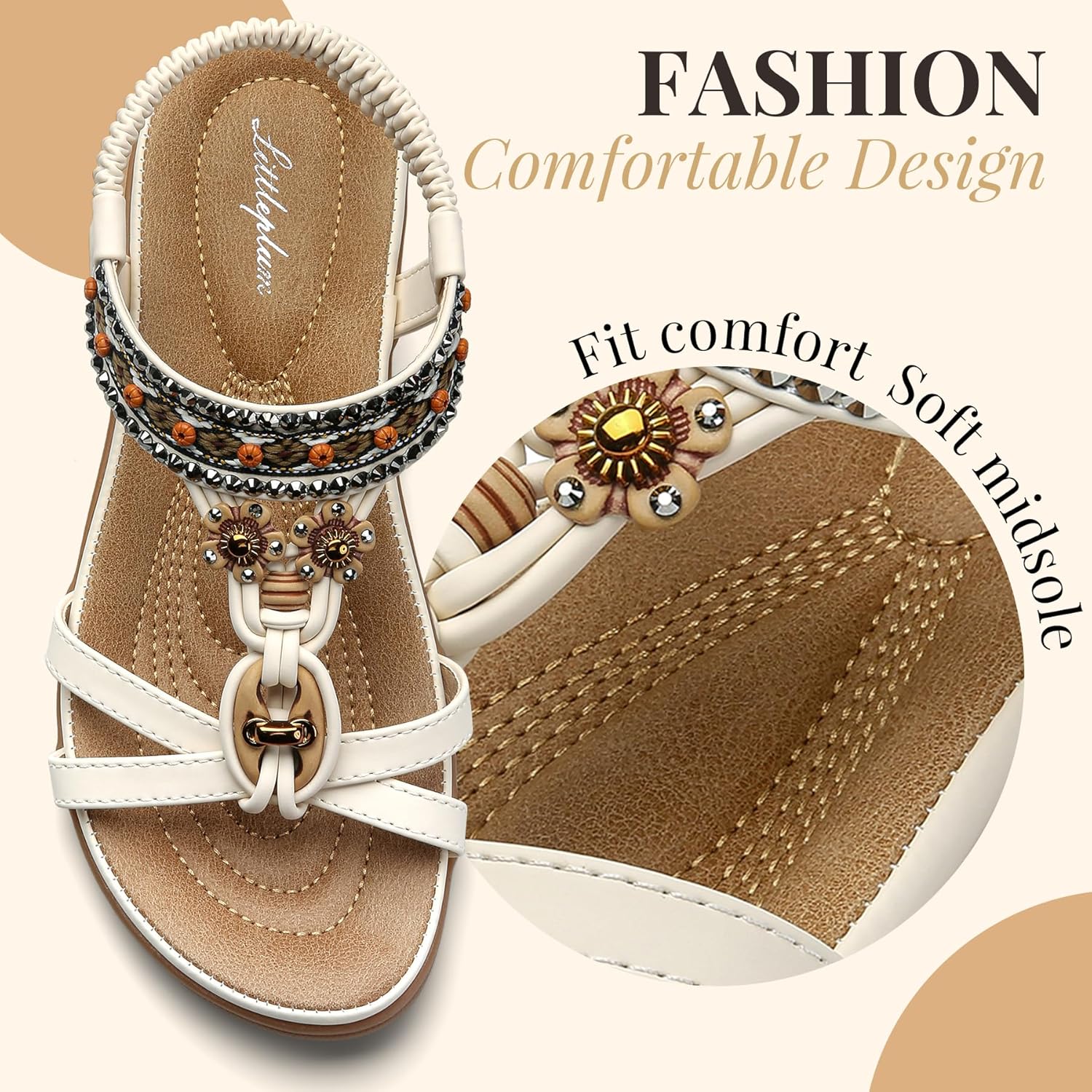 Thumbnail 4 de Littleplum Damen-Sandalen mit T-Strap, Strass/Perlen und elastischen Riemen – Freizeit & Strand
