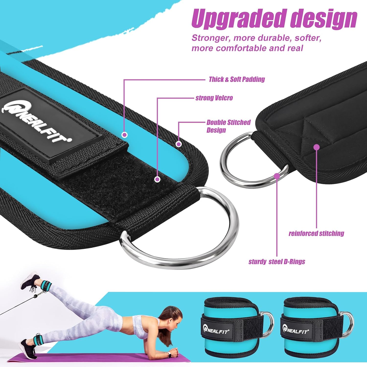Detalle de NEALFIT Ankle Straps for Cable Machines, 7 mm Neoprene, Blue Pair