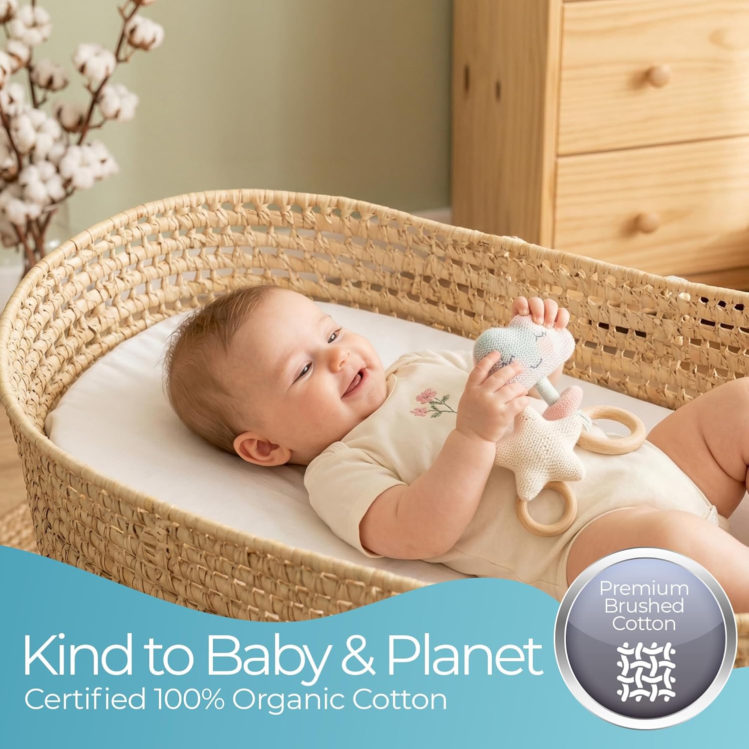 Thumbnail 4 de Comfier Sleep White Moses Basket Sheets 30x76cm (2 Pack) – Organic Cotton fitted pram & moses basket sheets