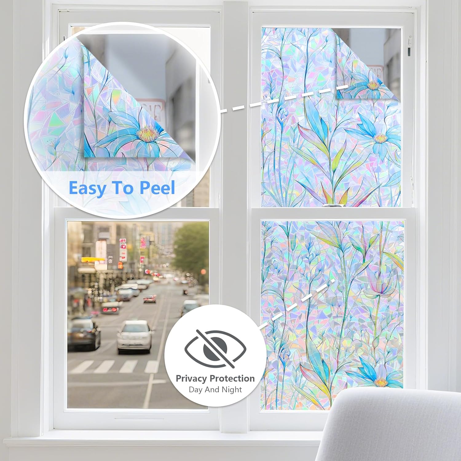 Thumbnail 4 de FINNEZ Fensterfolie – Selbstklebende statische Klebefolie, Regenbogen-Blumenmuster, Blau, 90 × 400 cm