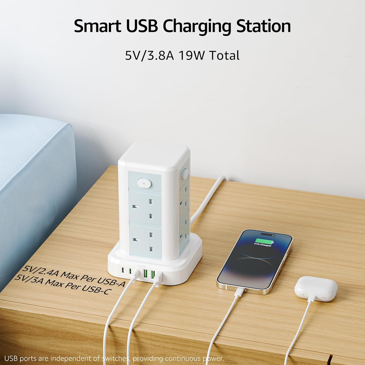 Detalle 2 de Toomke 8 Way Tower Extension Lead with USB