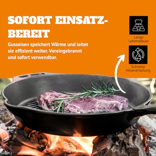 Detalle de Petromax Grill-Feuerpfanne mit 2 Henkeln – Gusseisenpfanne für Herd, Backofen, Gasflamme und Outdoor
