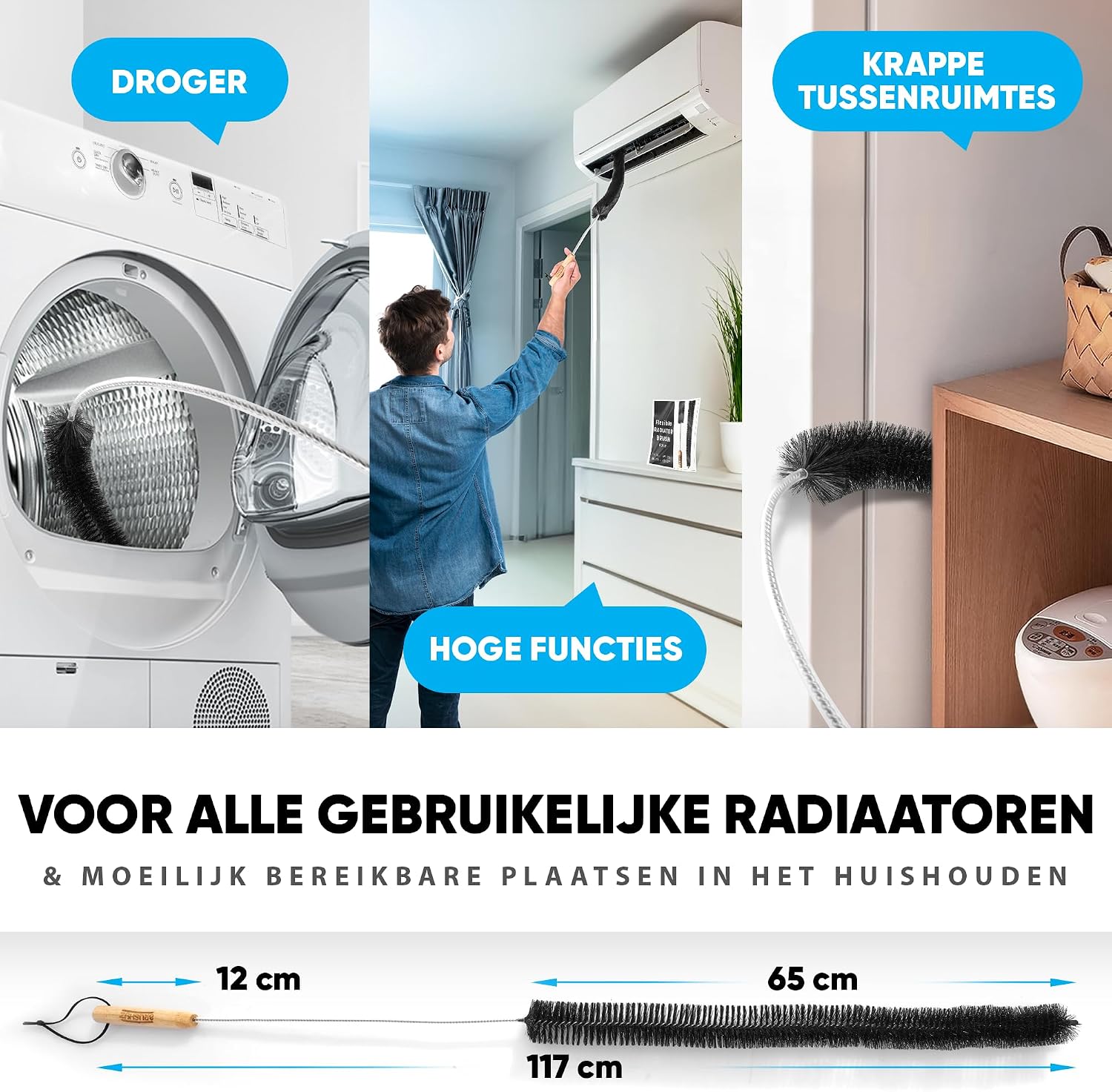 Detalle 1 de BRUSHYZ BRU-003 radiatorborstel, 117 cm, flexibel met zachte nylon haren