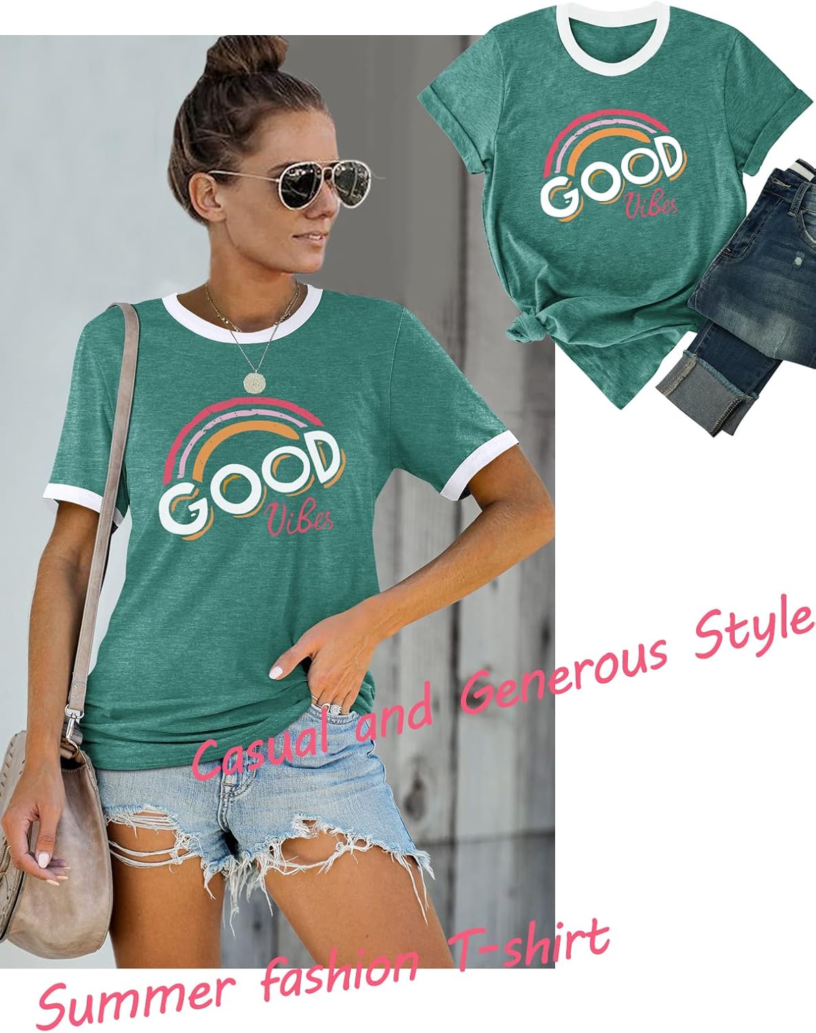 Thumbnail 3 de WIEIYM Damen-T-Shirt Rundhals Kurzarm | Good Vibes Rainbow— casual Sommerlook