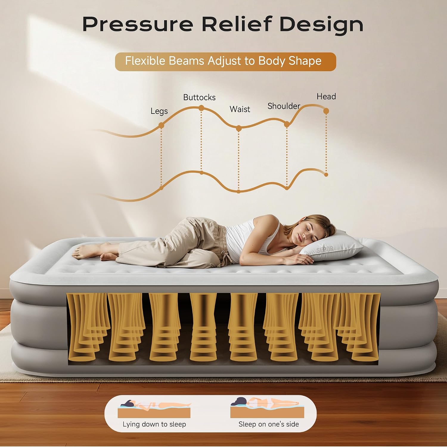 Thumbnail 2 de Sebor Air Mattress Queen with Built-in Pump — 18" Comfort, Durable PVC, portable for guests, camping, and travel