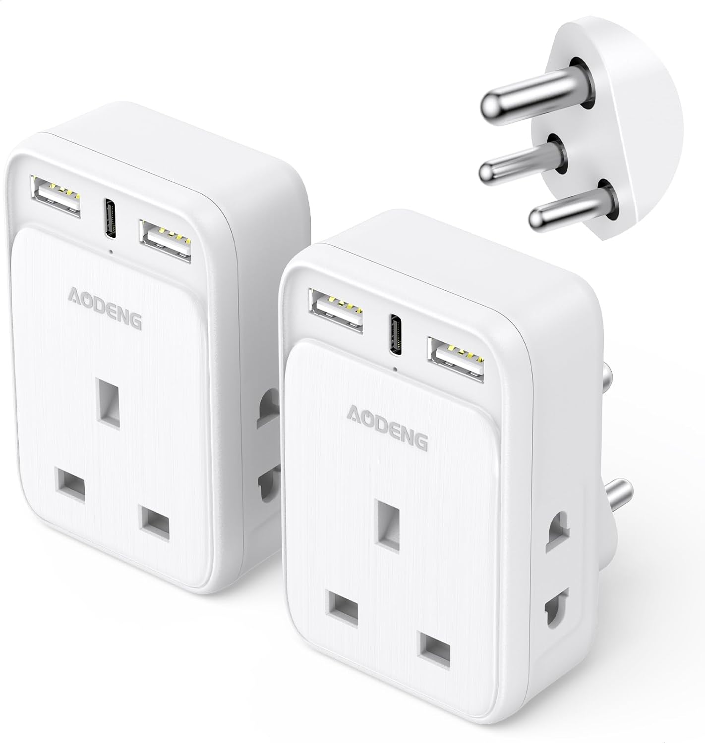 Detalle de UK to India Plug Adapter 2-Pack with 3 USB 32W ⚡️🔌