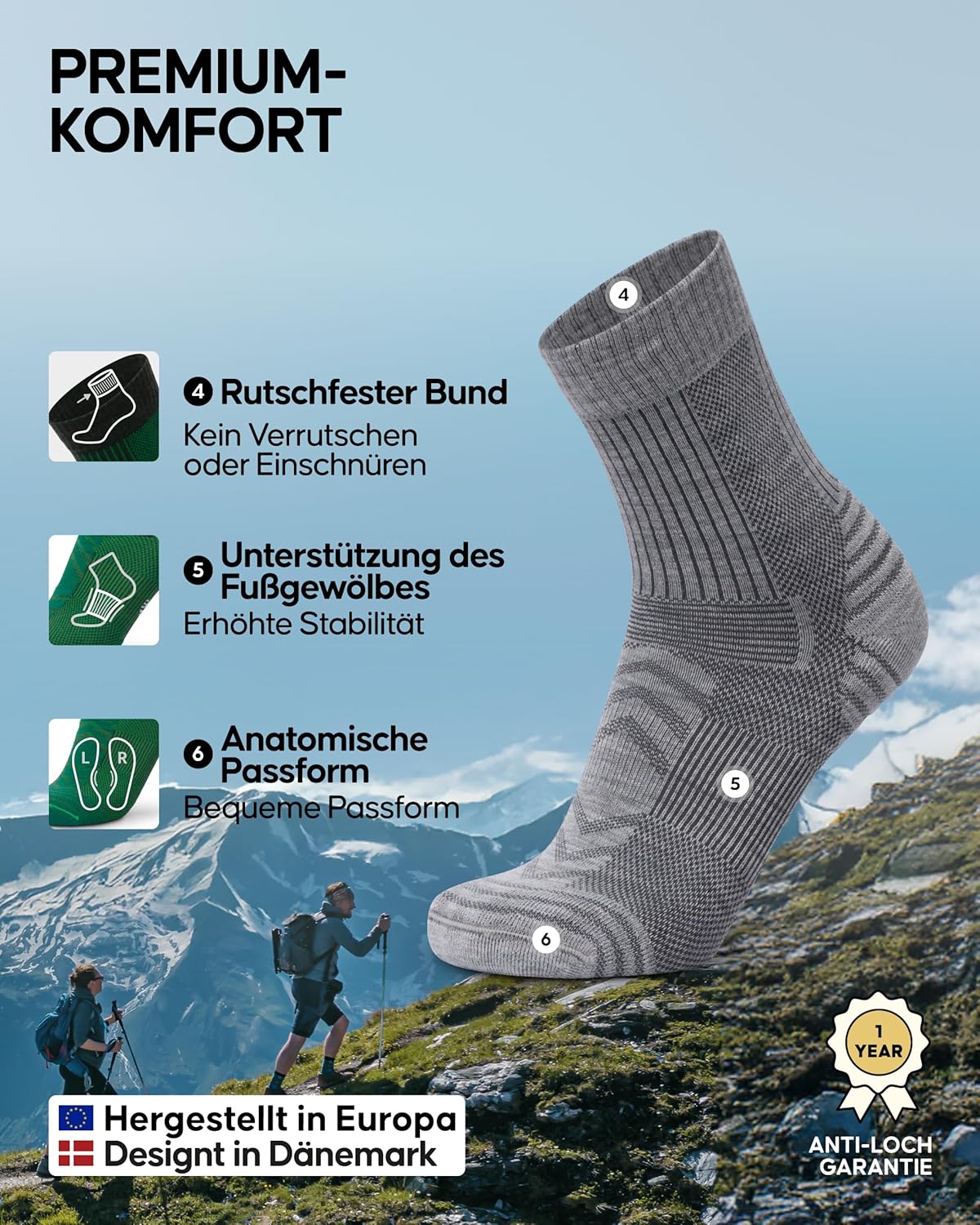 Detalle de DANISH ENDURANCE Leichte Merino Wolle Wandersocken – Gepolstert, Anti-Blasen, Unisex