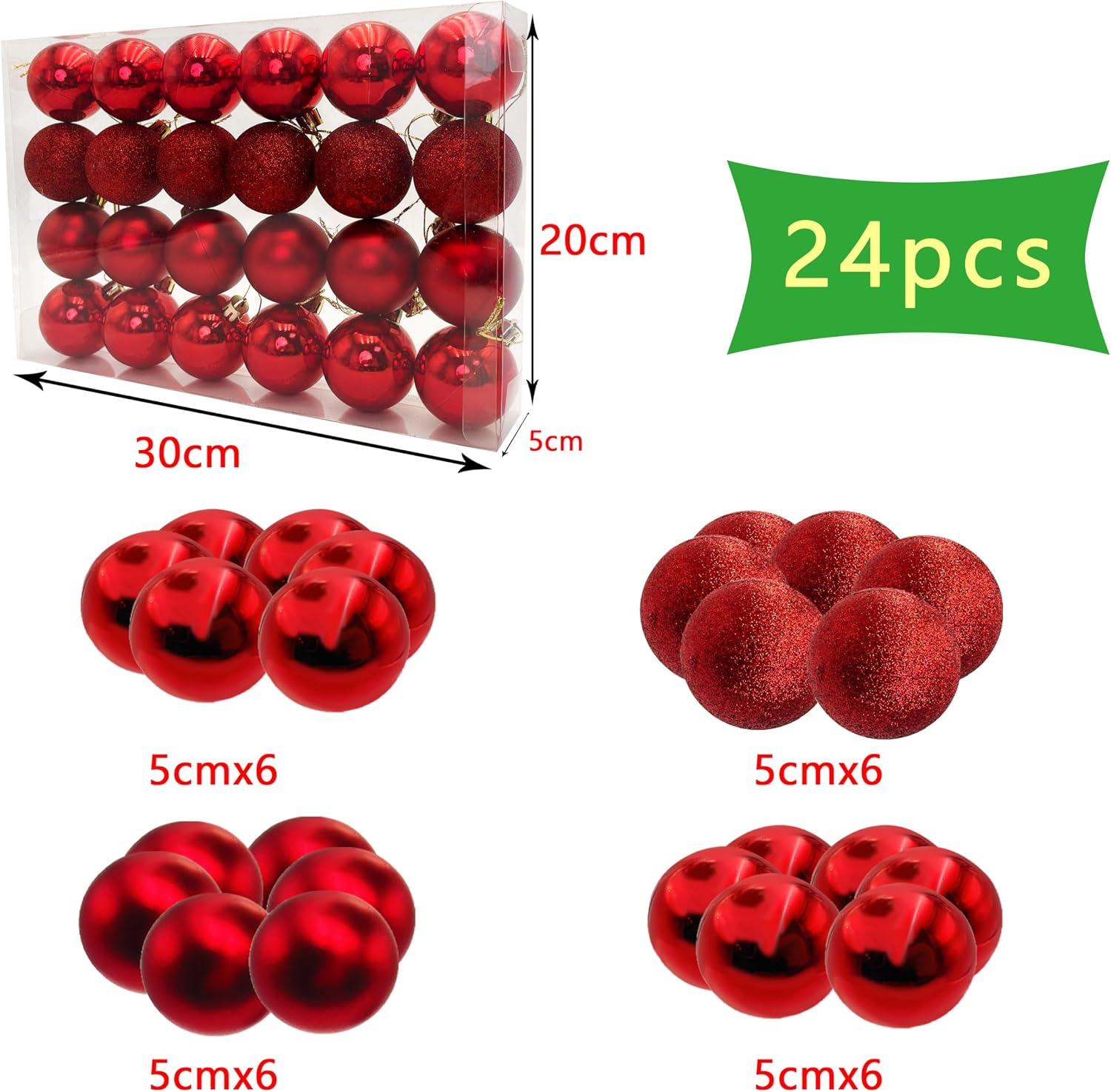 Detalle de AiTodos 24-Pack Red Christmas Baubles, 50mm Shatterproof, Three Finishes