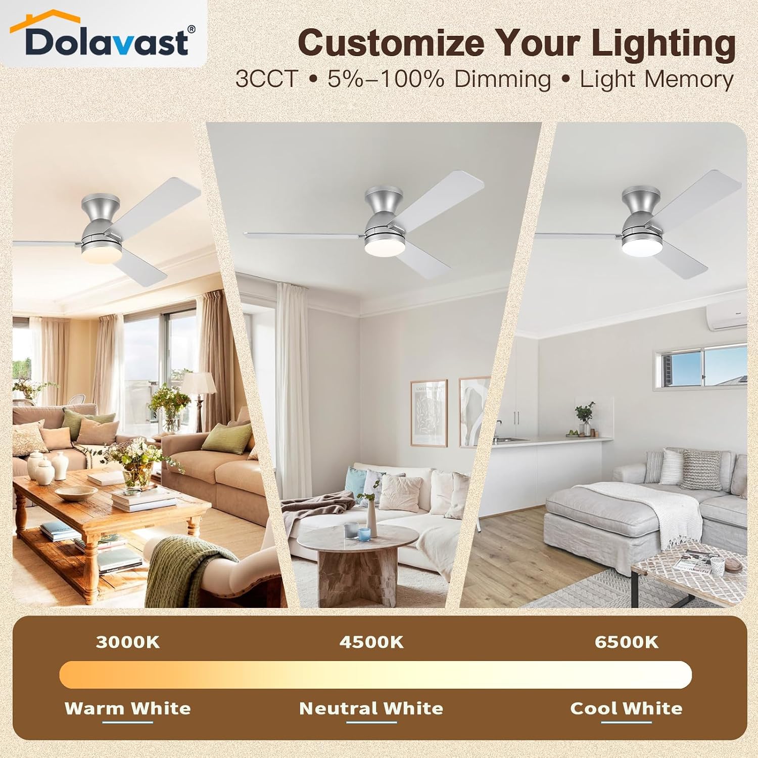 Thumbnail 3 de Dolavast 48-Inch Low-Profile Ceiling Fan with Dimmable LED and Remote
