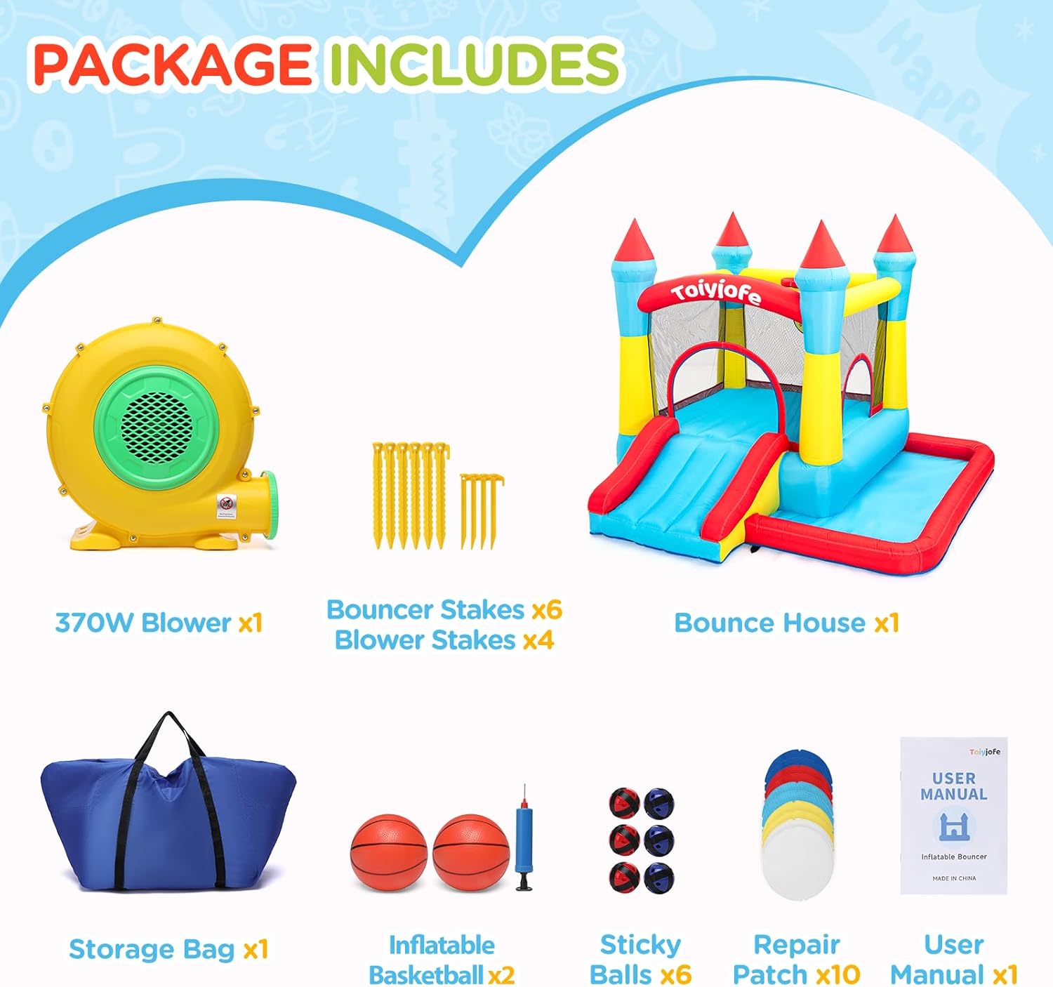 Detalle de Bounce House for Kids 3-6 with Slide & Ball Pit & Hoop — 5-in-1 Indoor/Outdoor inflatable castle (Includes 370W Blower)