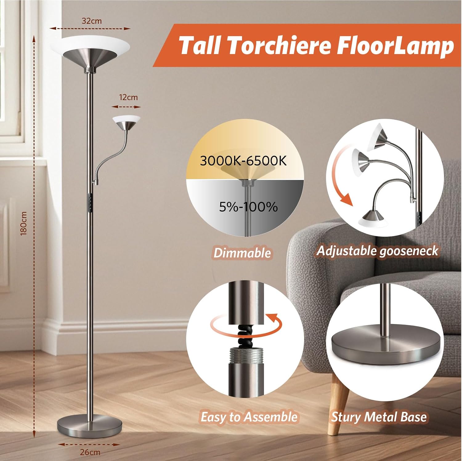Detalle de BBHome Stehlampe Wohnzimmer LED – 27W Deckenfluter mit 6W Leselampe, dimmbar (3000–6500 K) und Fernbedienung
