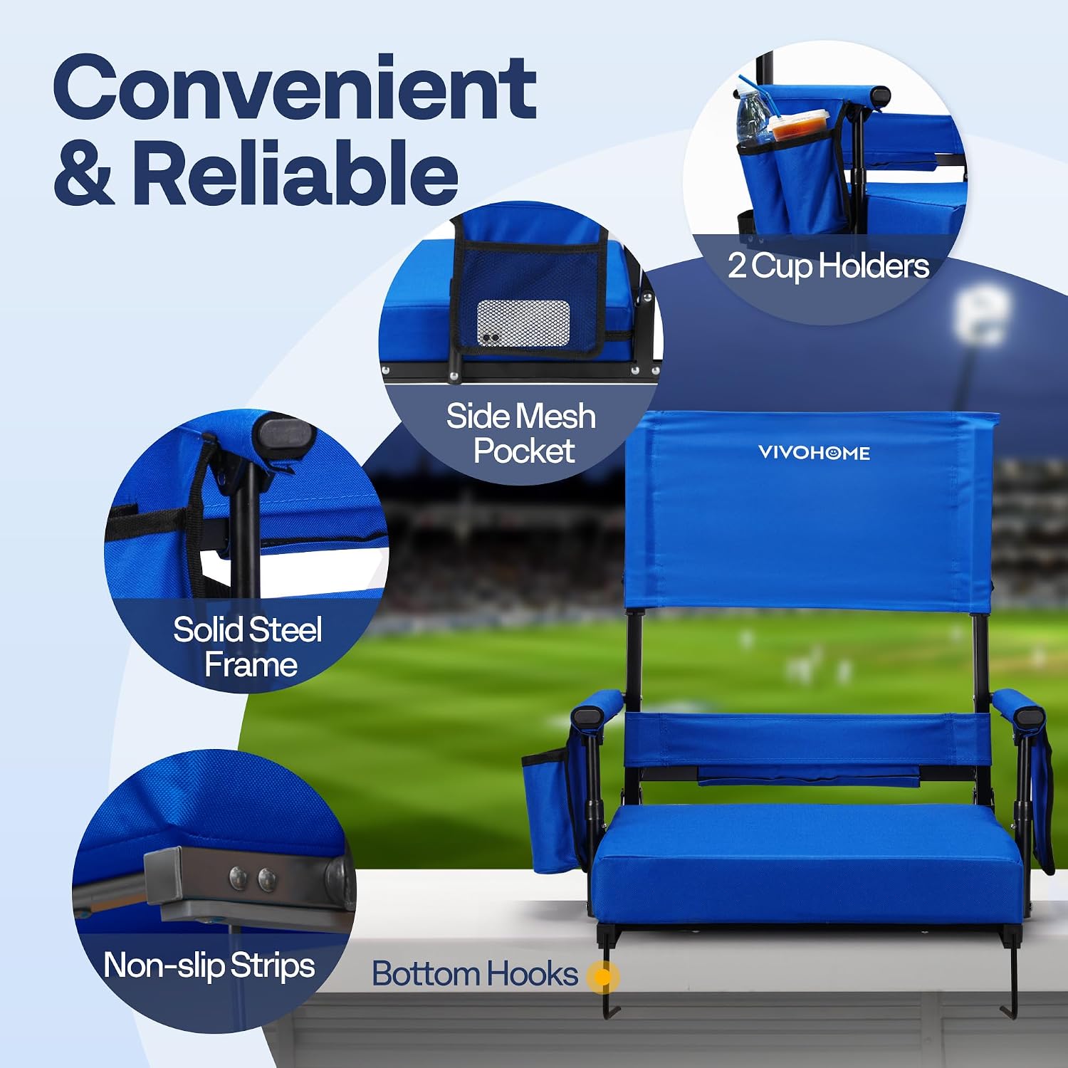 Detalle de VIVOHOME Adjustable High-Back Stadium Seat with Cushion and Cup Holders