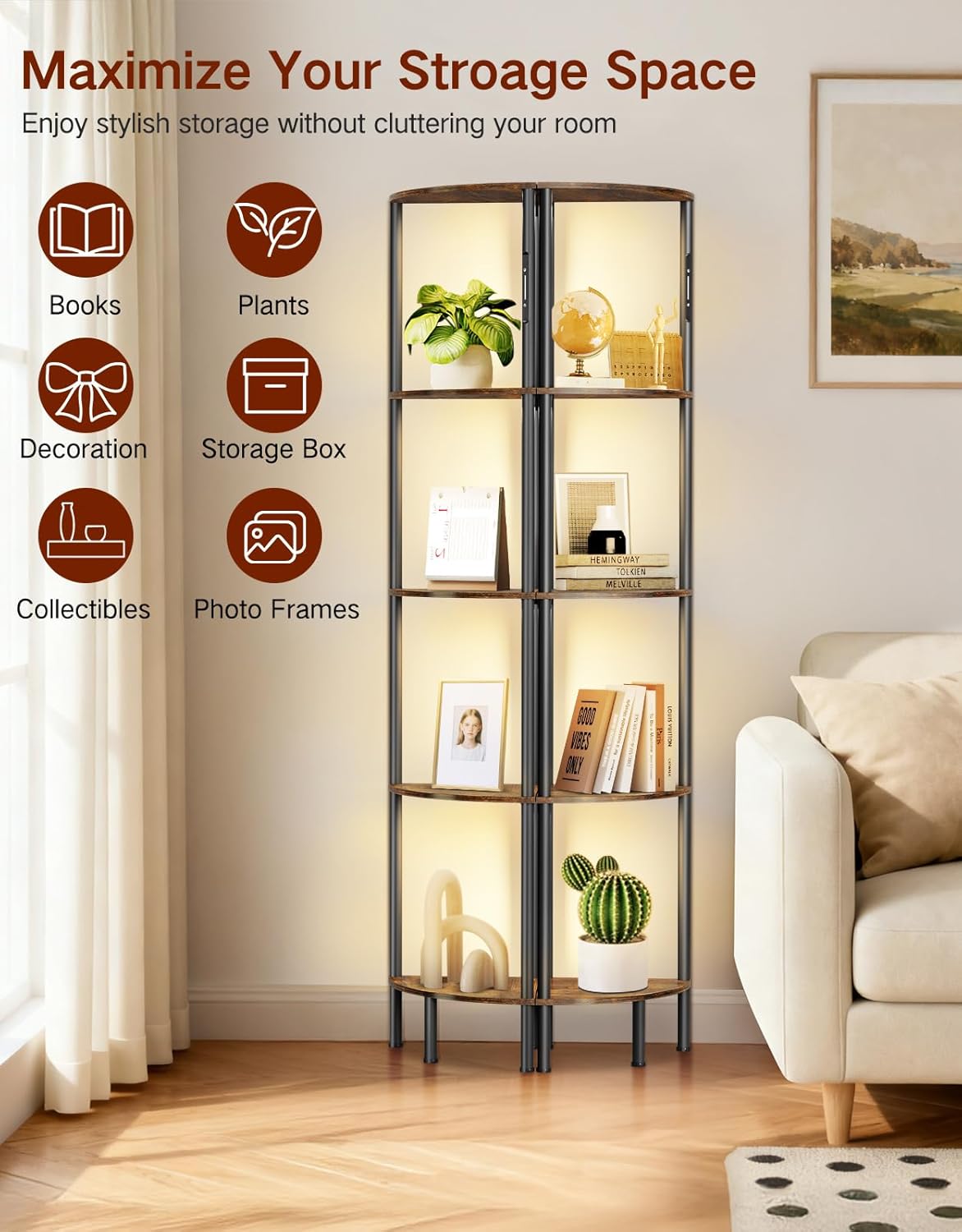 Detalle de OUTONLIFE LED Floor Lamp with Shelves (Rustic Brown) – 3 Colour Temps, Touch & Remote