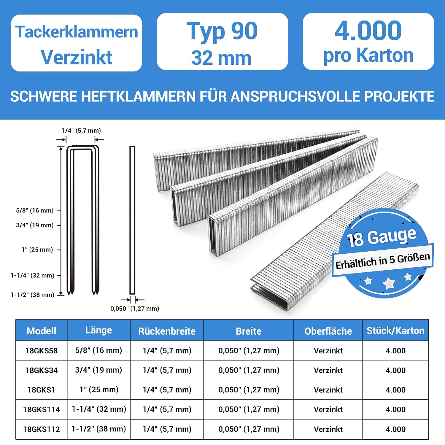 Thumbnail 1 de Meite 18 Gauge Klammern 5,7 x 32 mm, 4.000 Stück – Verzinkte Typ 90 für Polsterarbeiten
