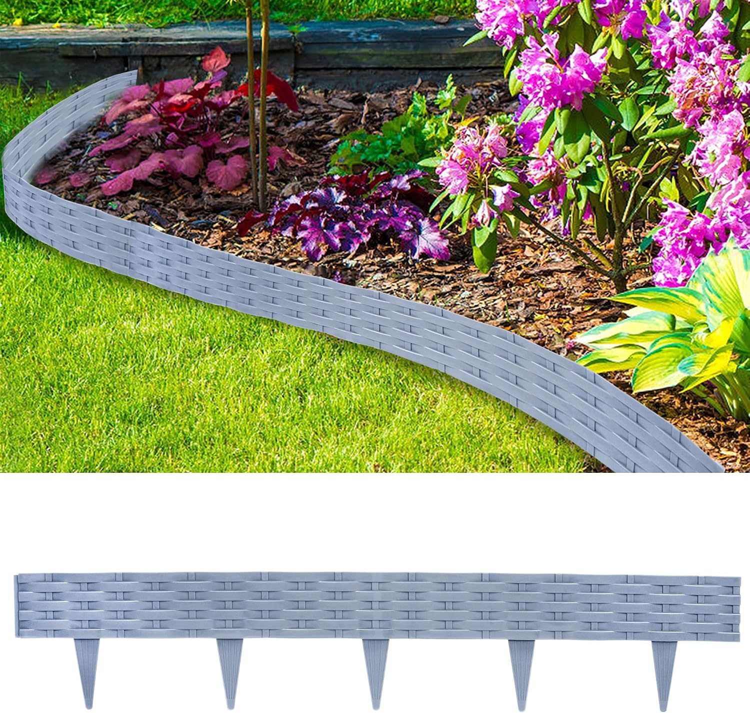 Detalle de Aufun 20m Rattan Rasenkante – flexible Beetumrandung aus PP mit 20 Elementen (100 cm), Grau