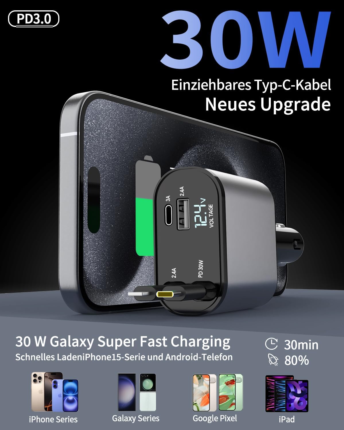 Detalle de Aimtel 4 in 1 Zigarettenanzünder USB C 66W Auto Ladegerät – inkl. einziehbarem Kabel