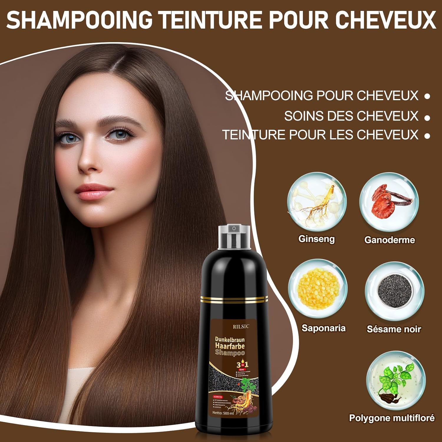Thumbnail 3 de Shampoing Colorant MINYSIC Chatain Foncé 3 en 1 – 500 ml