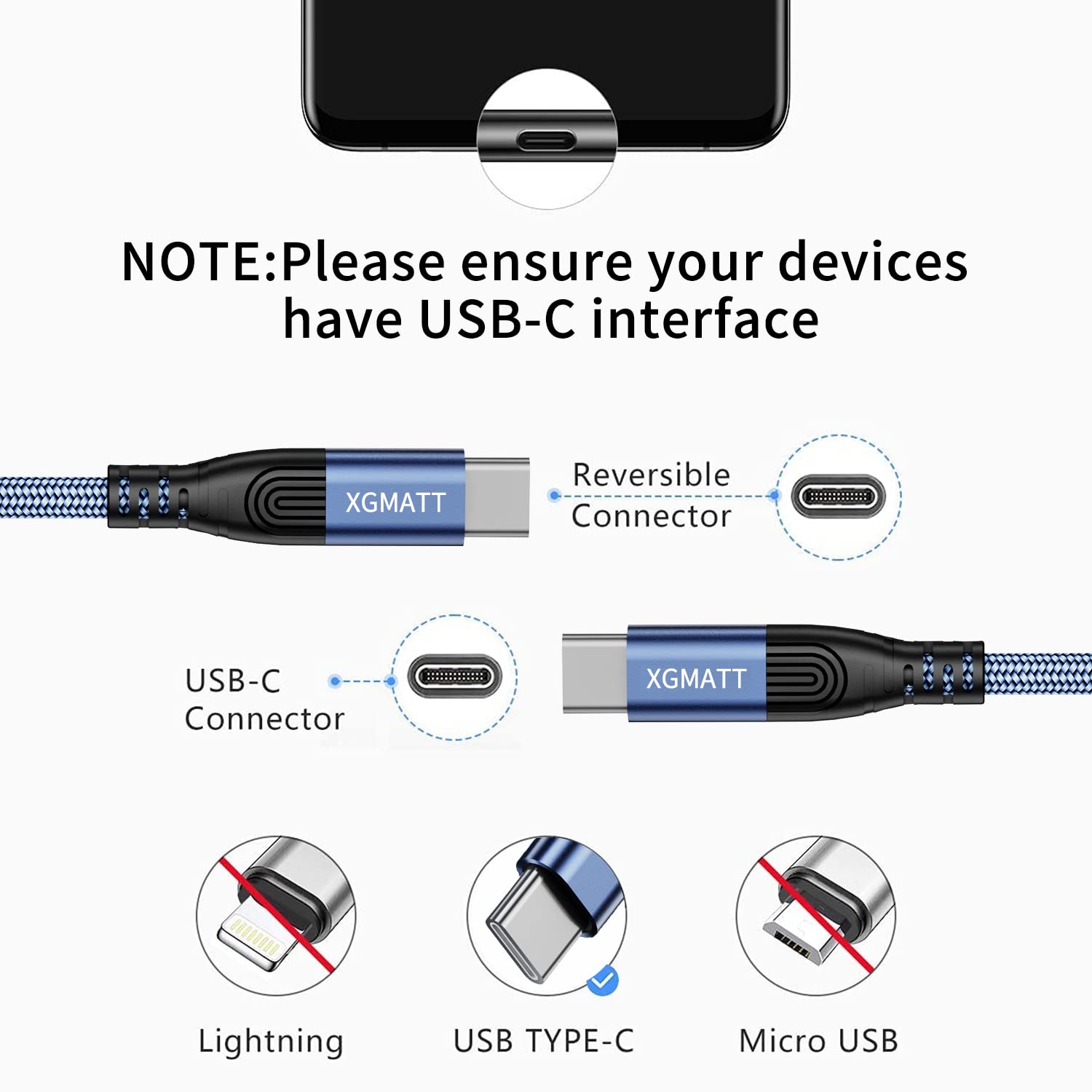 Detalle 2 de XGMATT USB-C auf USB-C Kabel 5 m, 60 W PD – langlebig, flexibel und kompatibel mit iPhone 15, MacBook, Galaxy S22/S21, Pad Pro 2020