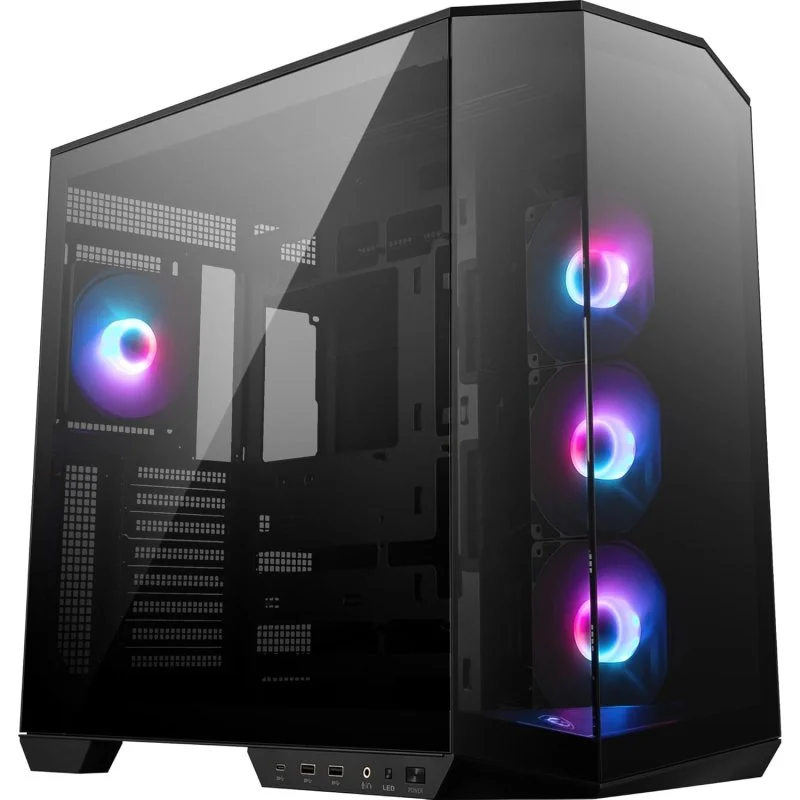 Detalle de MSI MAG PANO 100R PZ ARGB: torre semitorre negra con panel de vidrio templado y USB-C