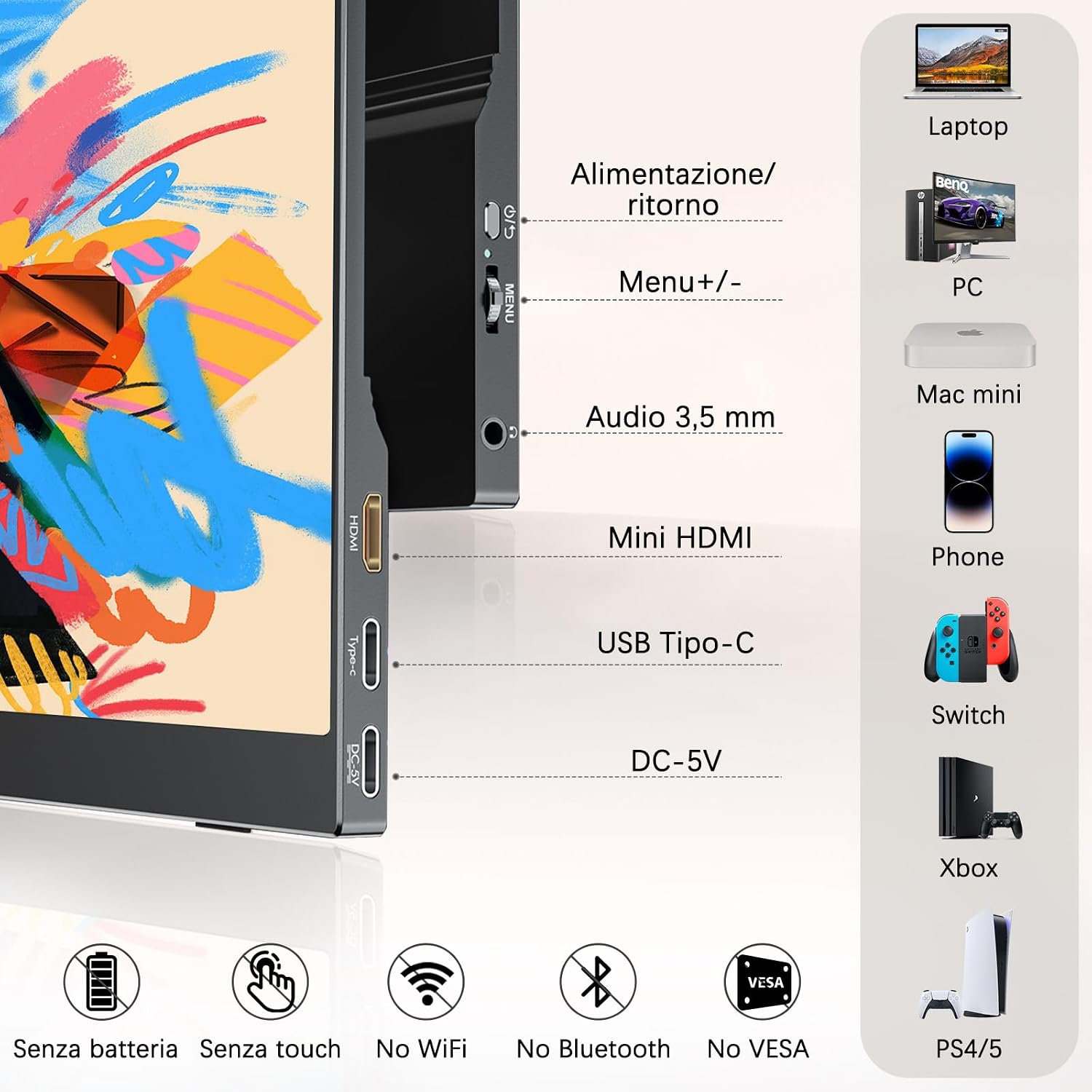 Thumbnail 5 de COOLHOOD Monitor Portatile 15,6" IPS FHD 1080P: versatilità USB-C e Mini HDMI per lavoro, gioco e intrattenimento
