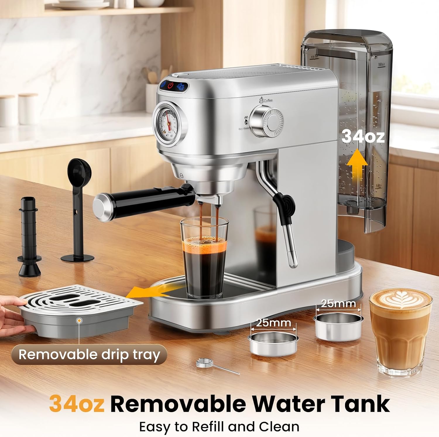 Detalle de AERCANA Espresso Machine 20 Bar – Compact 2-in-1 with Milk Frother (Silver)