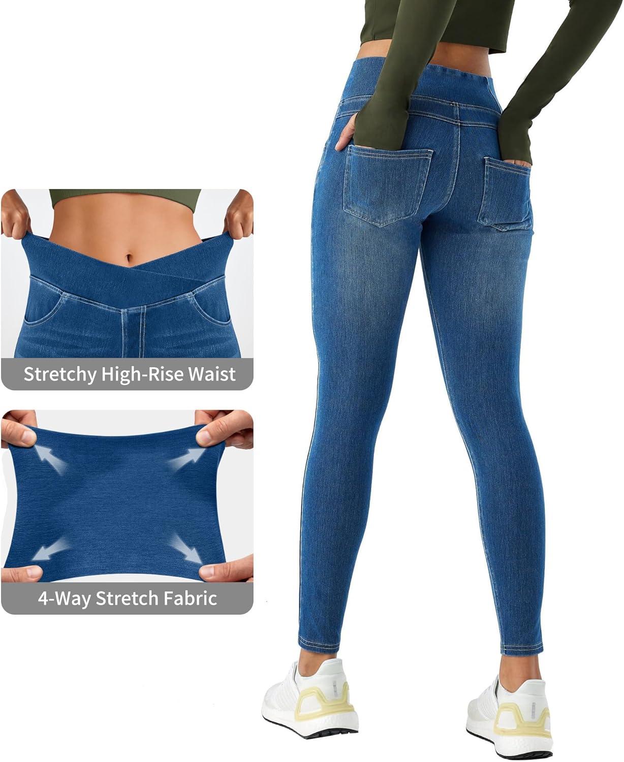 Thumbnail 2 de LaiEr Women V Crossover Skinny Jeans High Waist Tummy Control – Casual Faux Denim Print Leggings with Side Pockets
