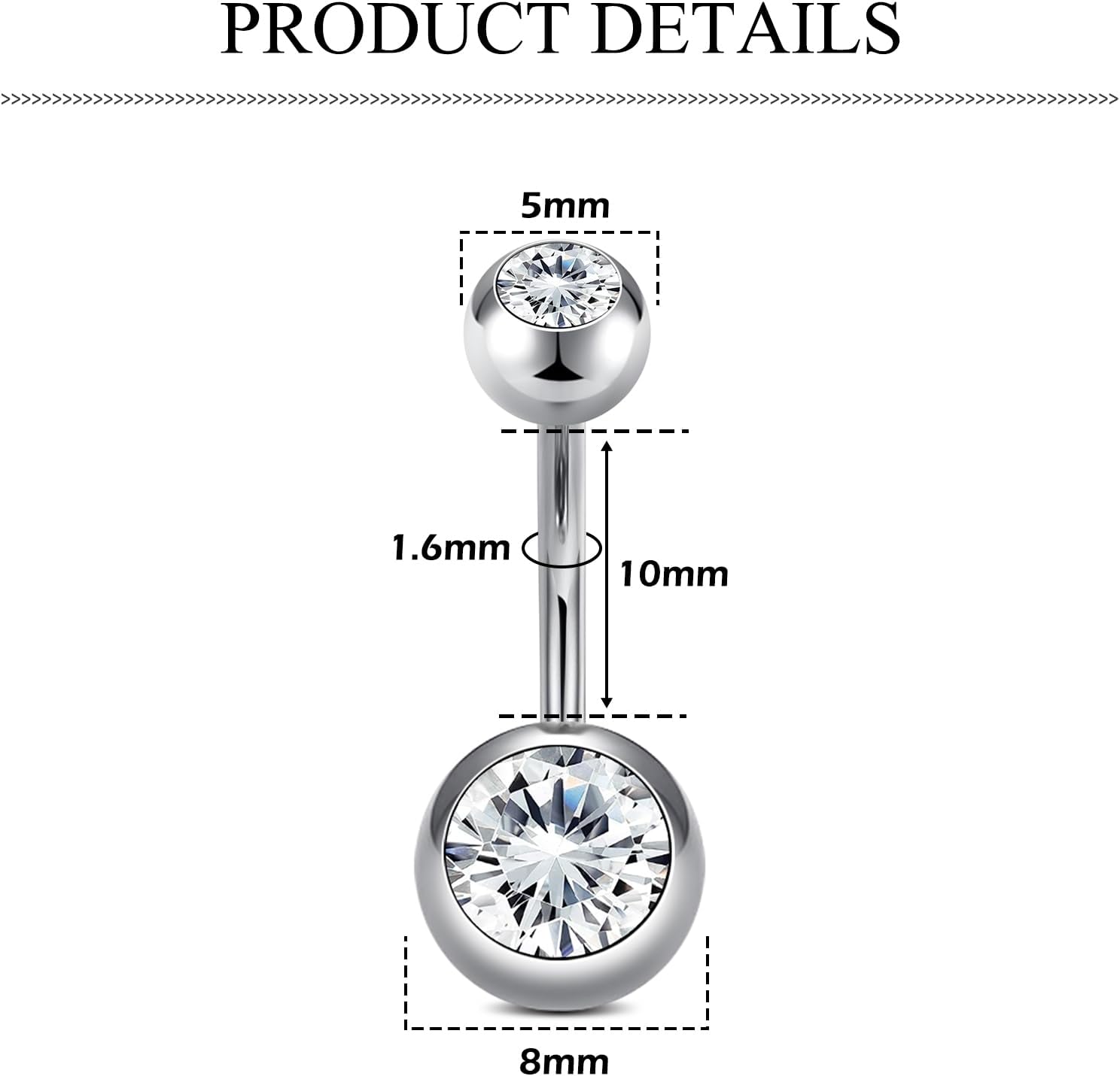 Detalle de AceFun Titanium Belly Bar - 10mm Silver Navel Bar with Cubic Zirconia