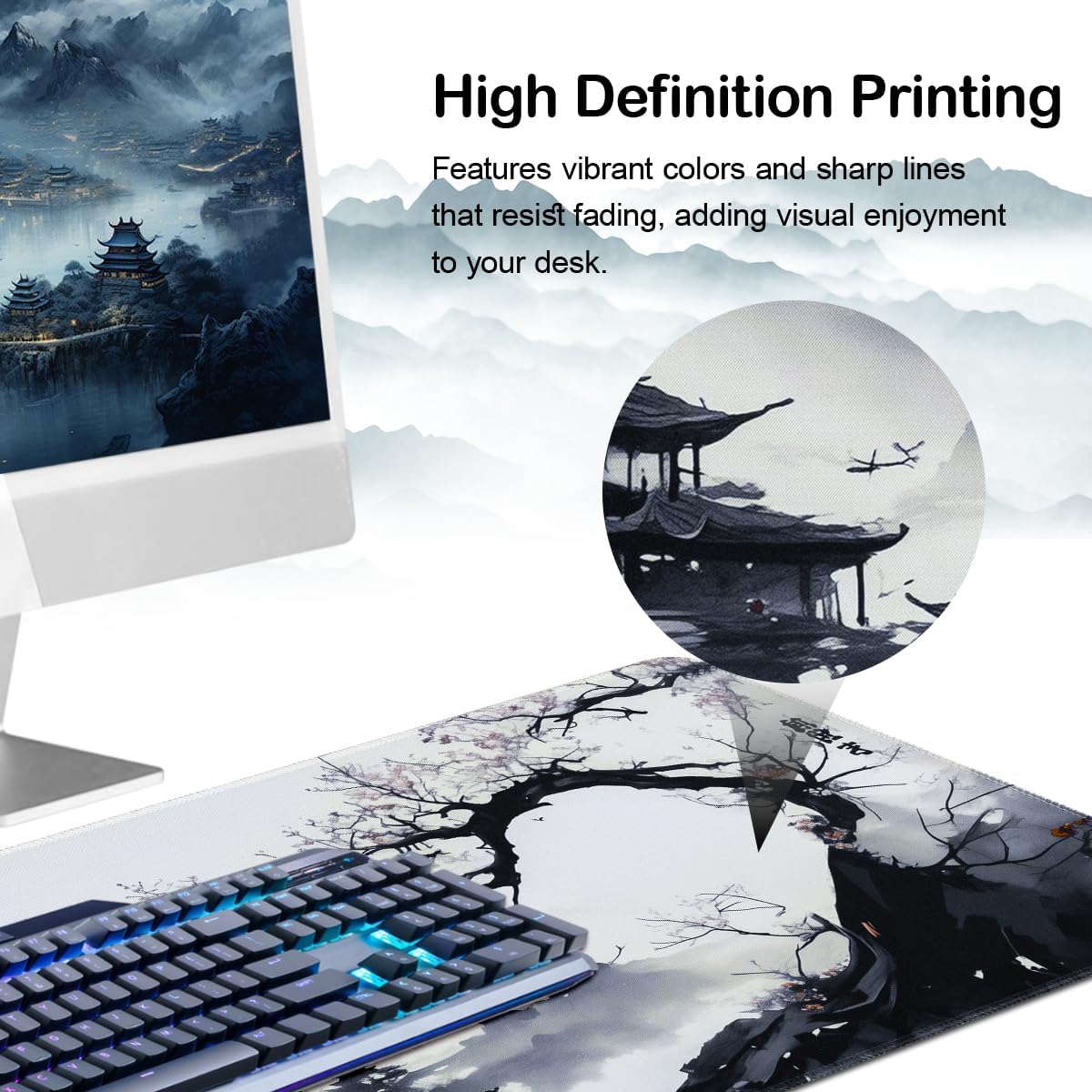 Detalle 1 de Zindoo Mouse Pad Large Desk Mat (900x400mm) – XXL stitched edges, non-slip rubber base