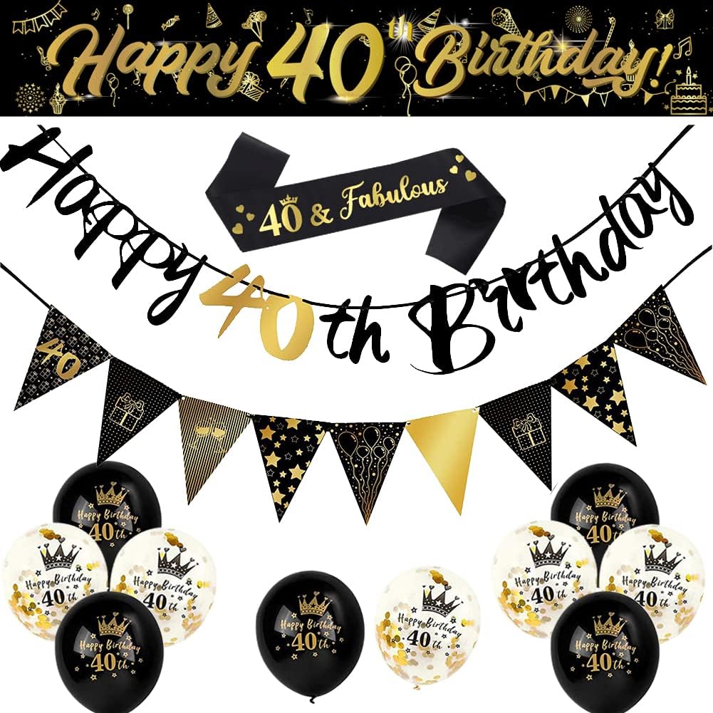 14-Piece 40th Happy Birthday Decorations Kit with 9ft Banner, Triangle Flags, Confetti Balloons