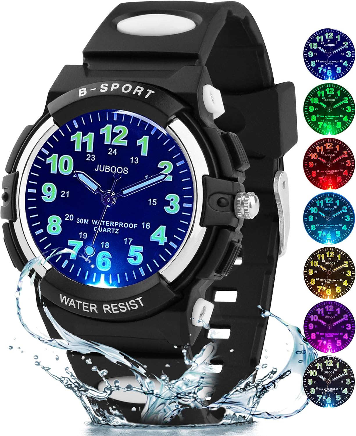 Detalle de Juboos Neue 7-Farbige Kinderuhr – Analoge Quarz-Uhr für Jungen & Mädchen, 30 m wasserdicht, mit weichem Armband