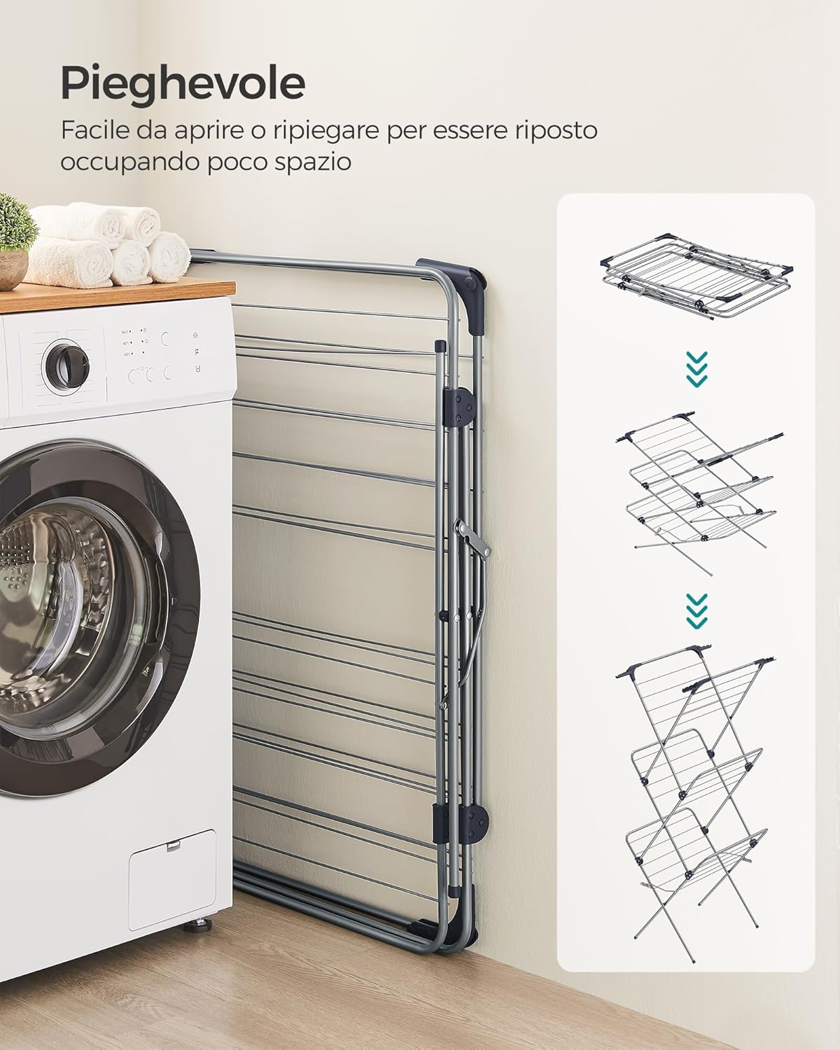 Thumbnail 3 de SONGMICS LLR720G01 stendibiancheria verticale a torre pieghevole, 46 x 70,5 x 155 cm, struttura in acciaio