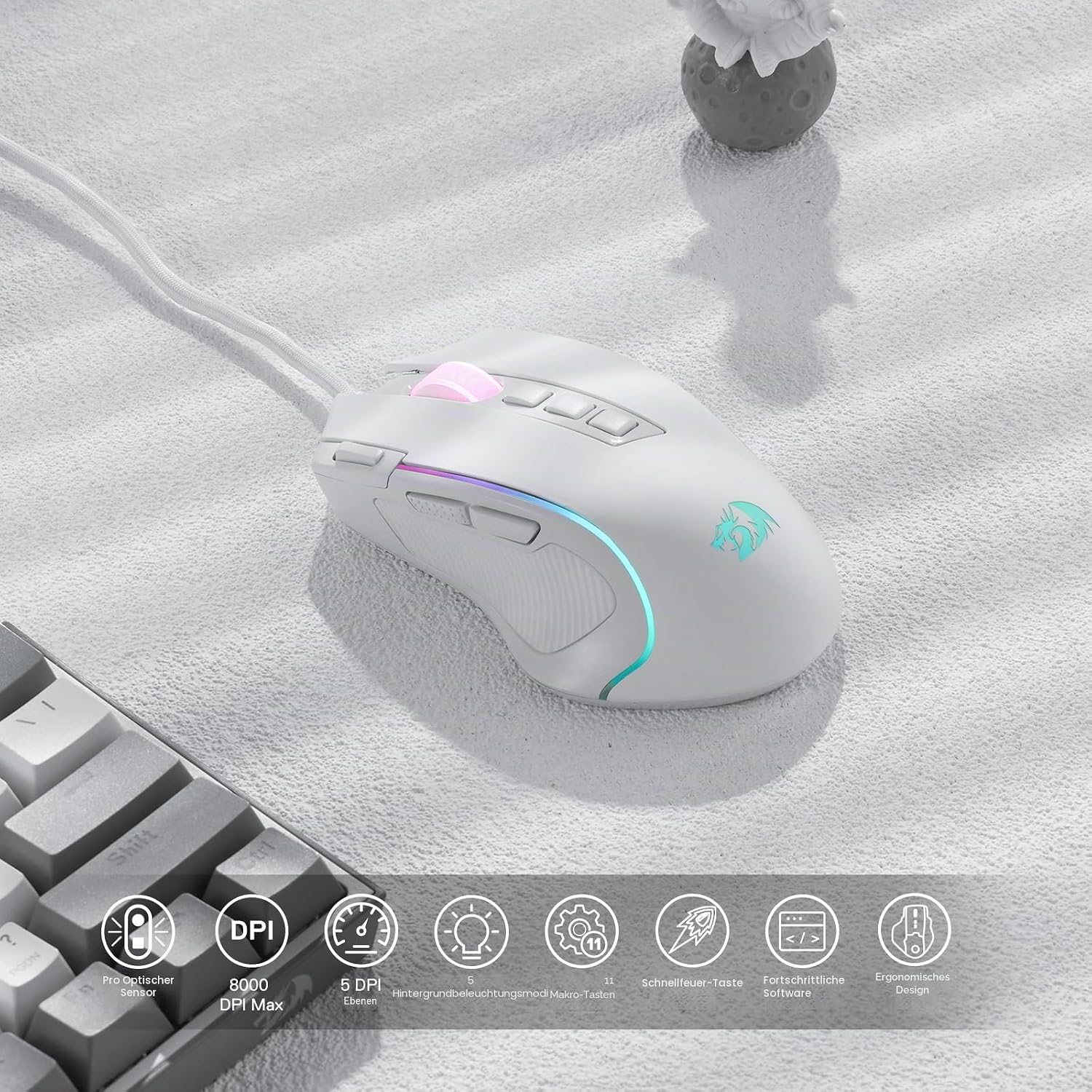 Detalle de Redragon M612 RGB-Gaming-Maus – kabelgebundene 8000 DPI Maus mit 11 Tasten