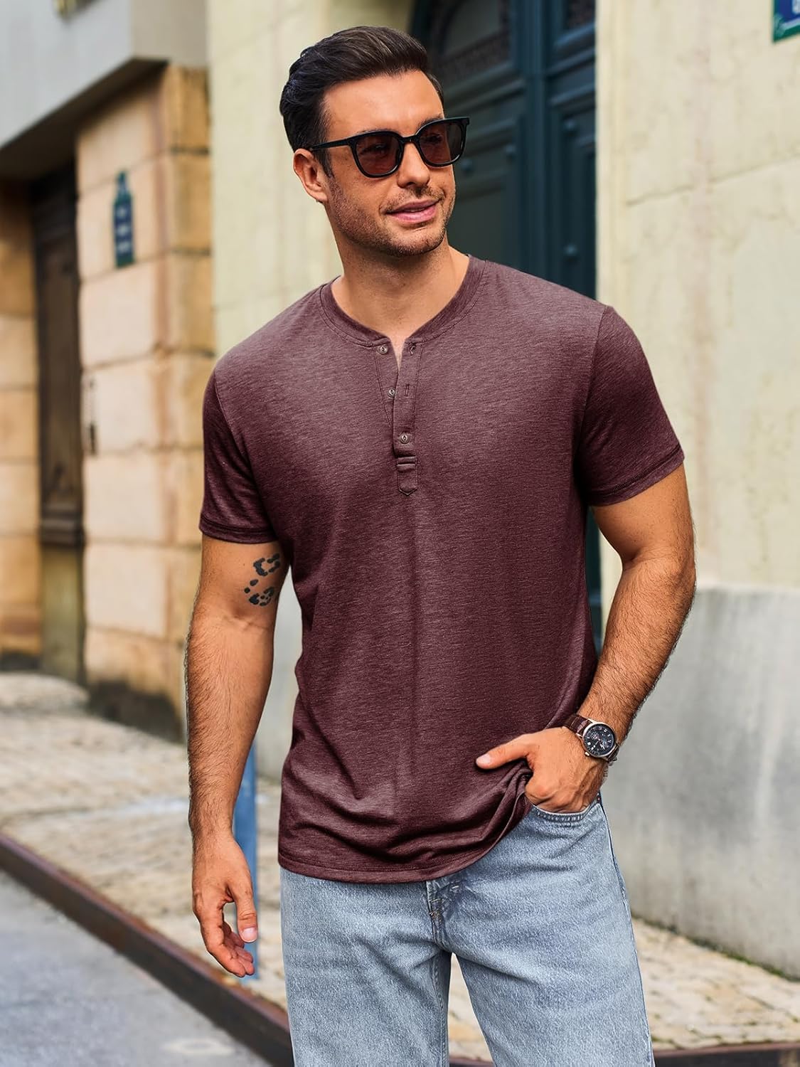 Thumbnail 2 de Runcati Herren T-Shirt Henley Kurzarm – Regular Fit, Einfarbig