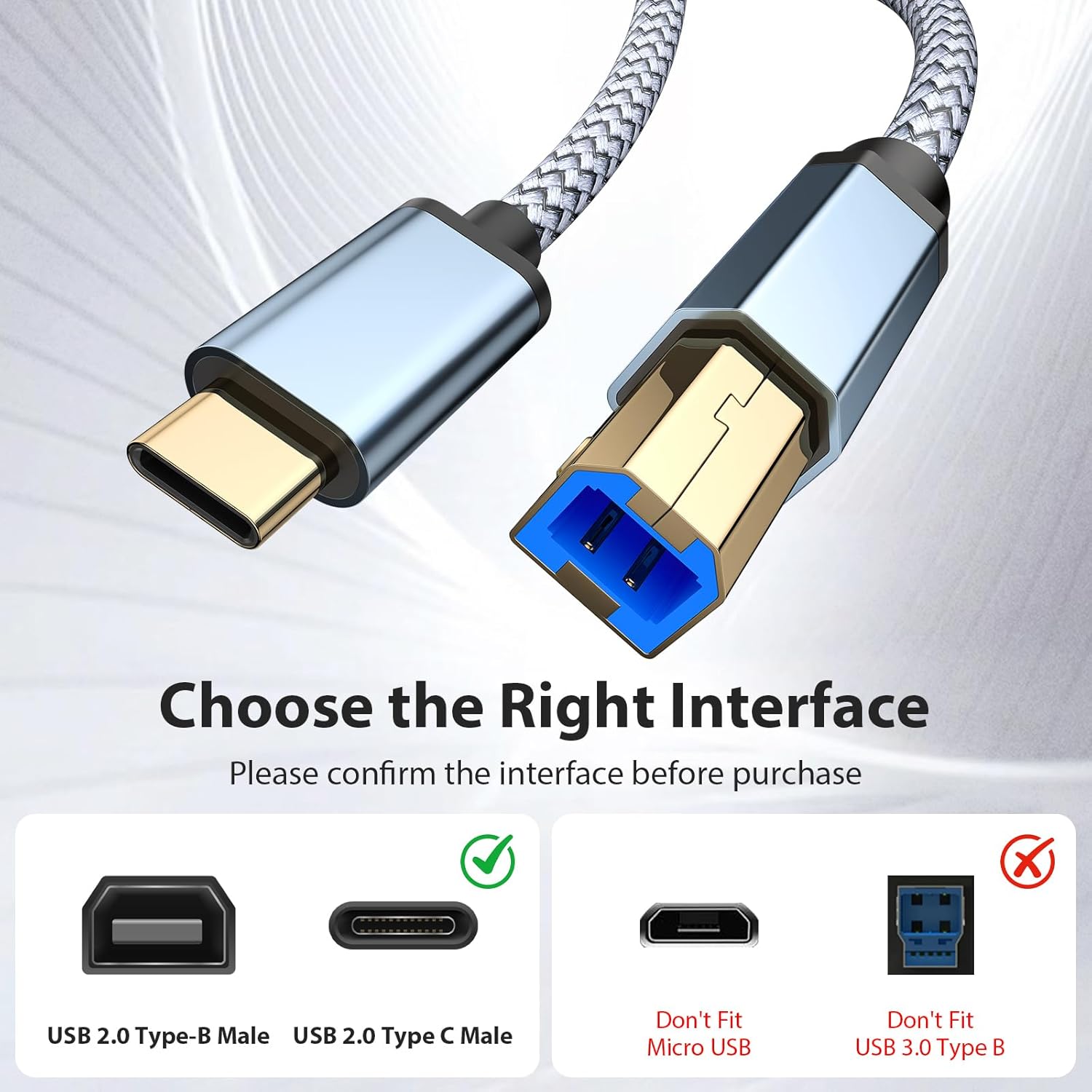 Detalle de USB B to USB C Printer/MIDI Cable 6ft for MacBook Pro, HP/Canon Printers and MIDI Controllers