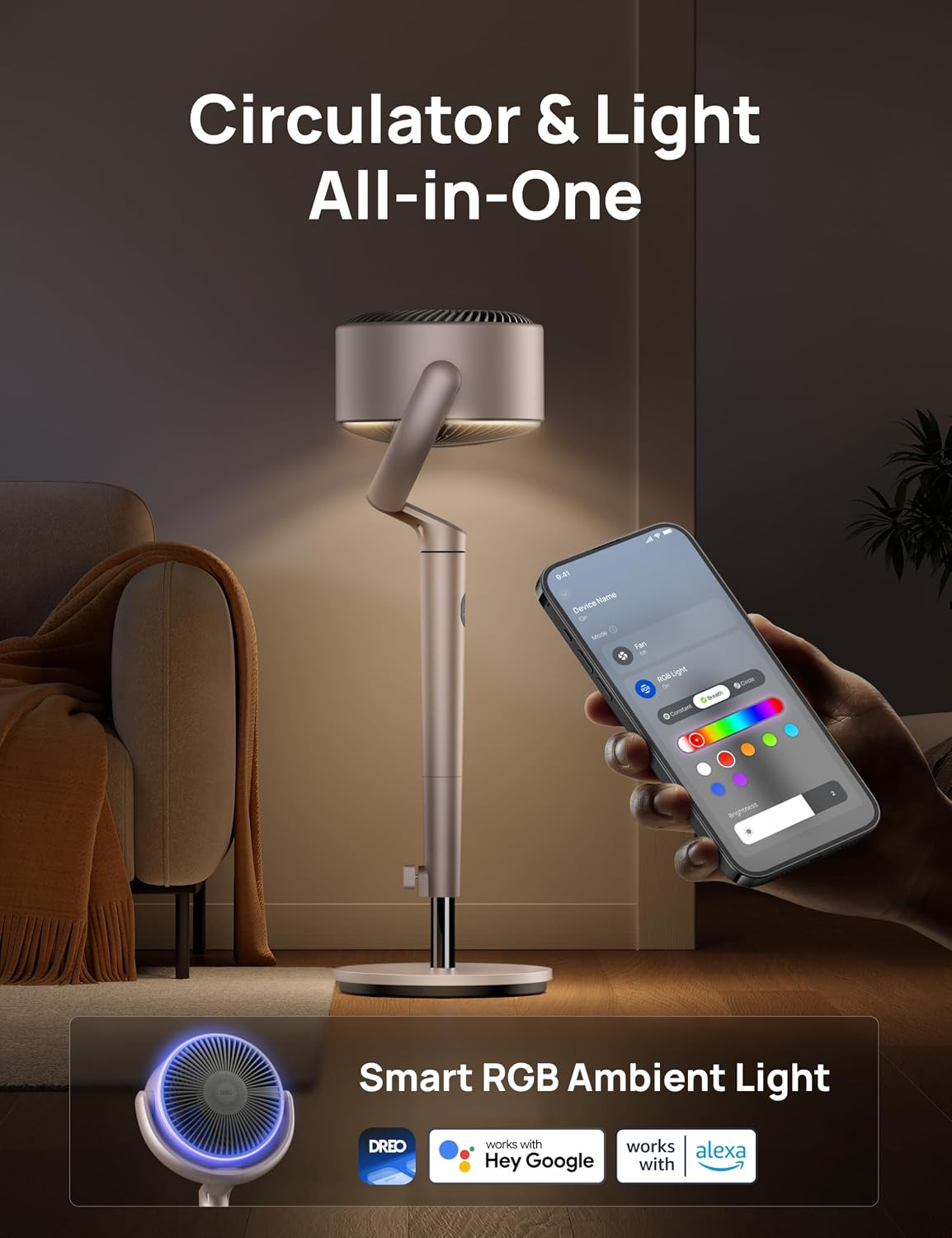 Detalle de DREO Smart Fans for Bedroom Starlight: 100 ft quiet pedestal fan with Wi‑Fi/voice, RGB light, 9 speeds & 120°/120° oscillation