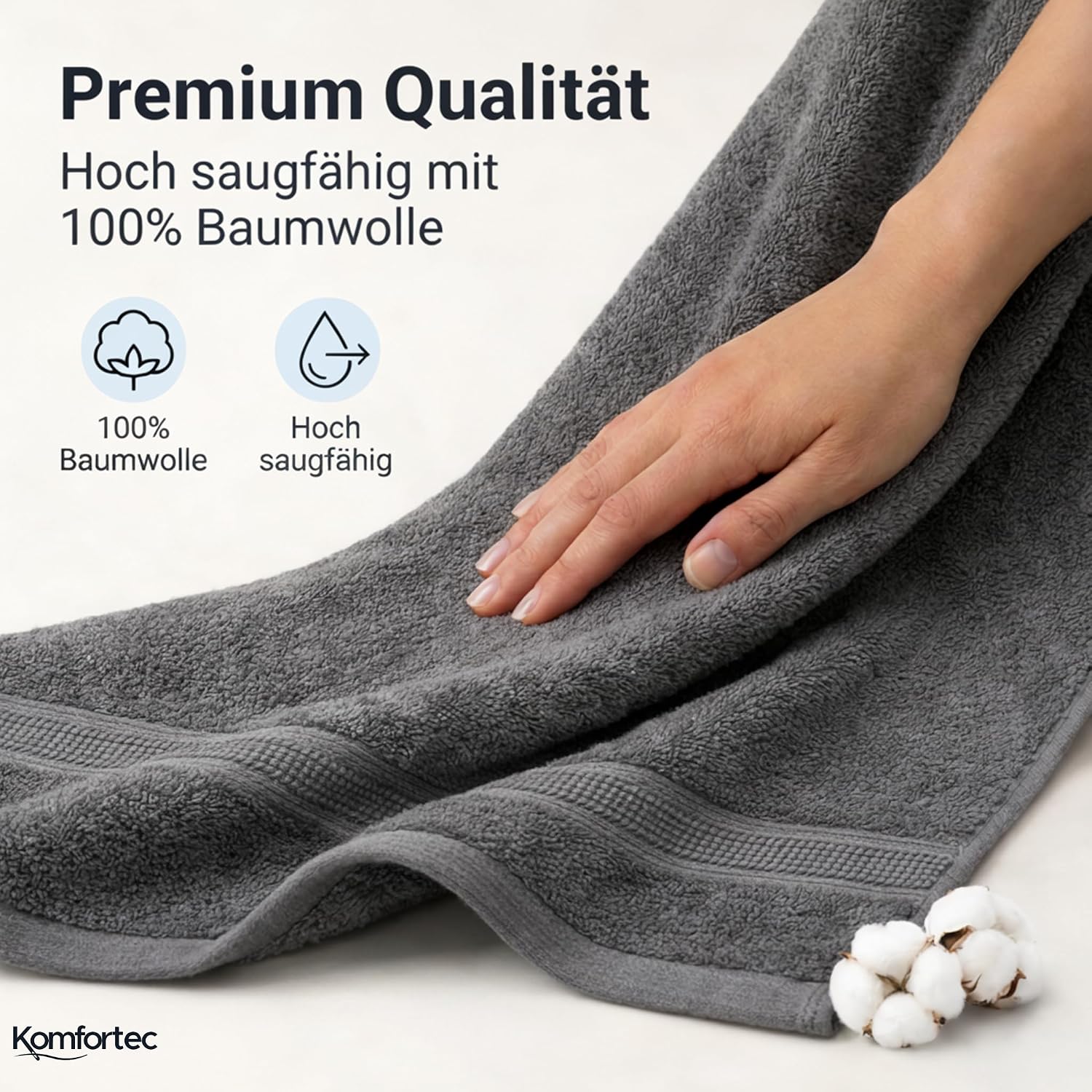 Detalle 2 de Komfortec 8er Handtücher Set (4 Badetücher 70x140 cm + 4 Handtücher 50x100 cm) aus 100% Baumwolle-Frottee in Anthrazit Grau