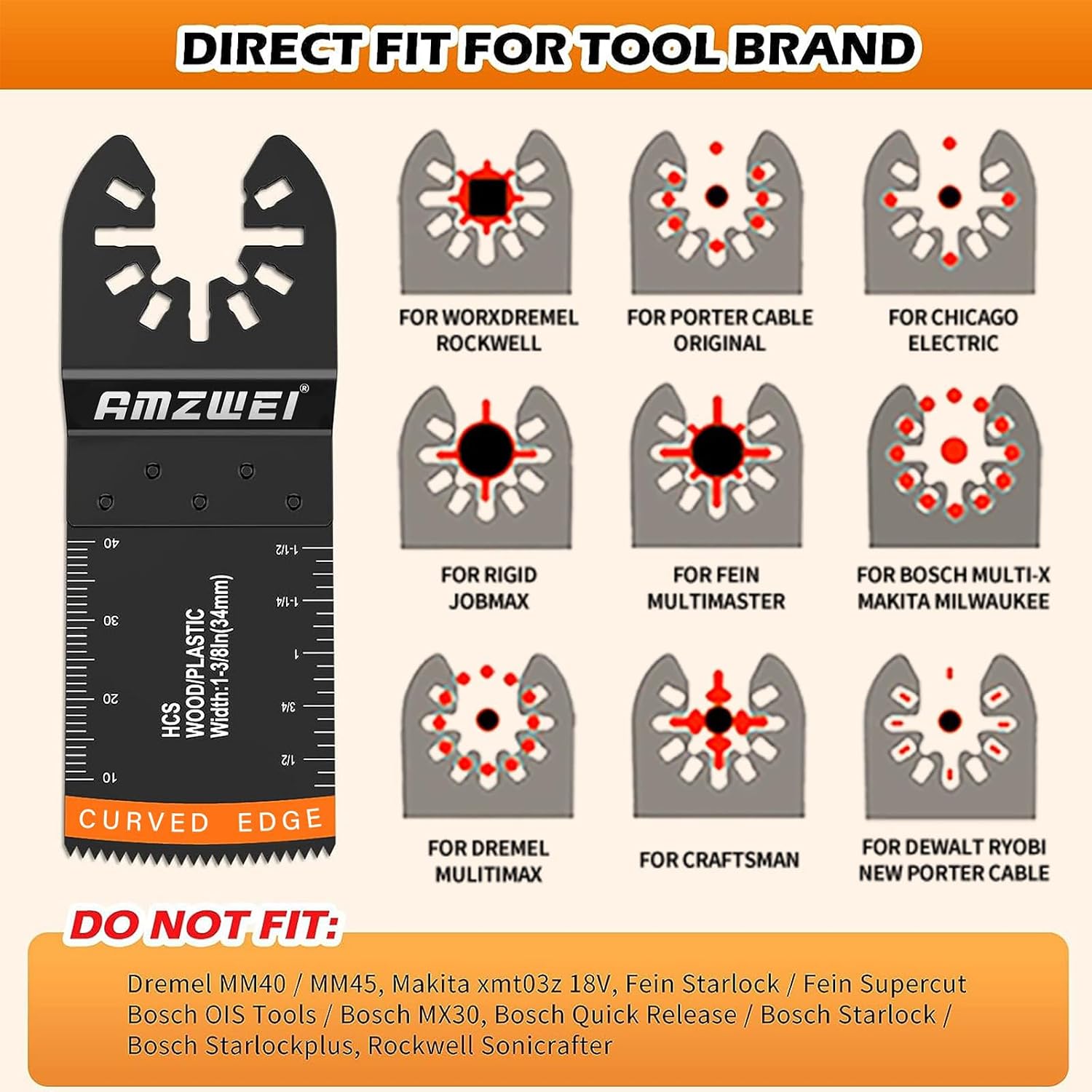 Detalle de AMZWEI 54-Piece Oscillating Tool Blade Set, Curved Edge, High-Carbon Steel
