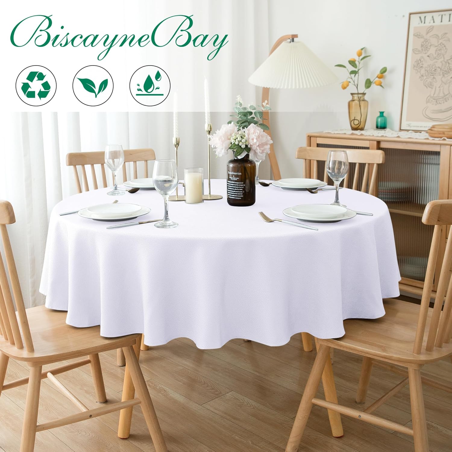 Thumbnail 1 de Biscaynebay 70" Textured Fabric Round Tablecloth – White, Water-Resistant, 100% Polyester