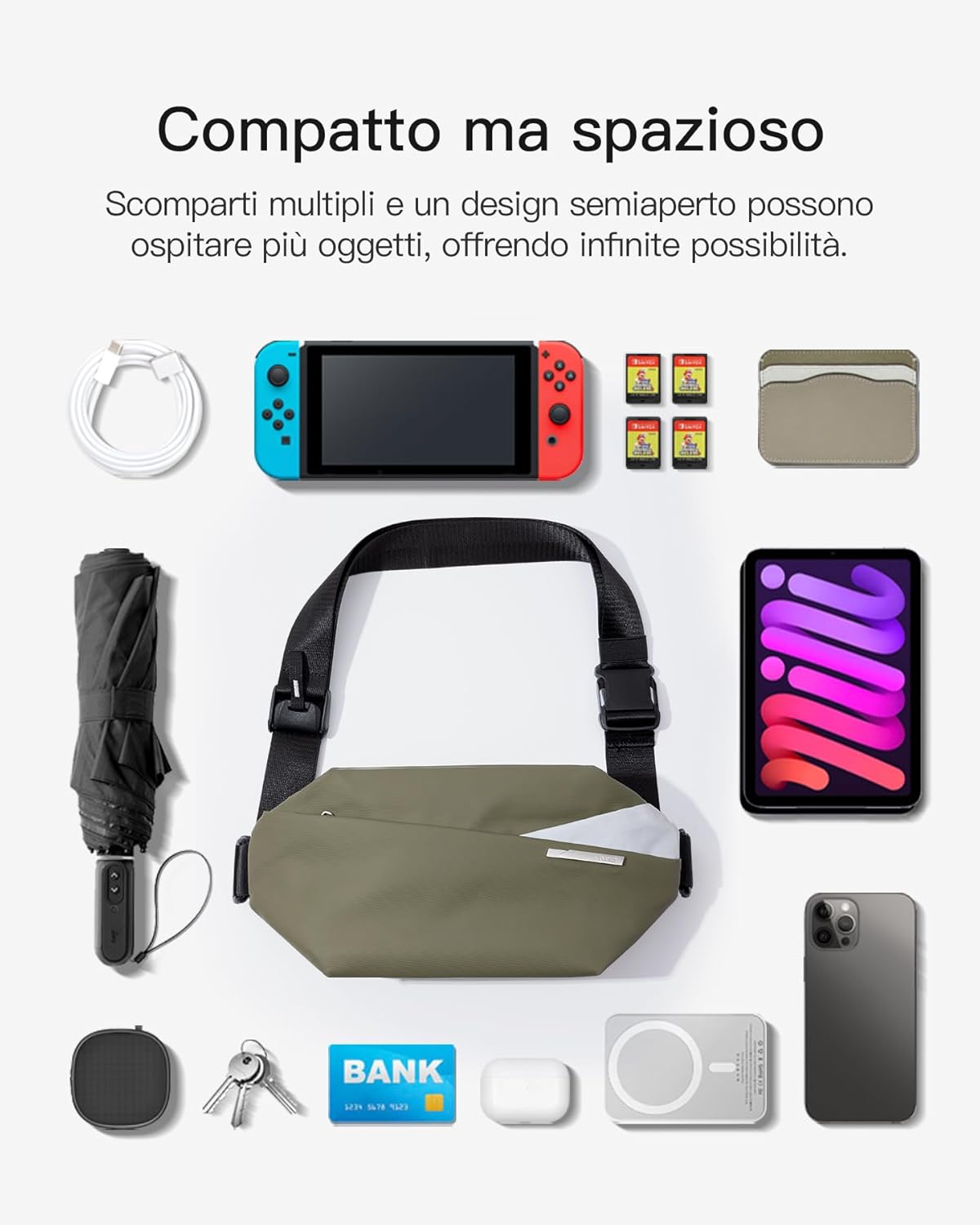 Detalle de Inateck Sling Bag X – borsa a tracolla multiuso resistente agli spruzzi, 34 x 15 x 8 cm
