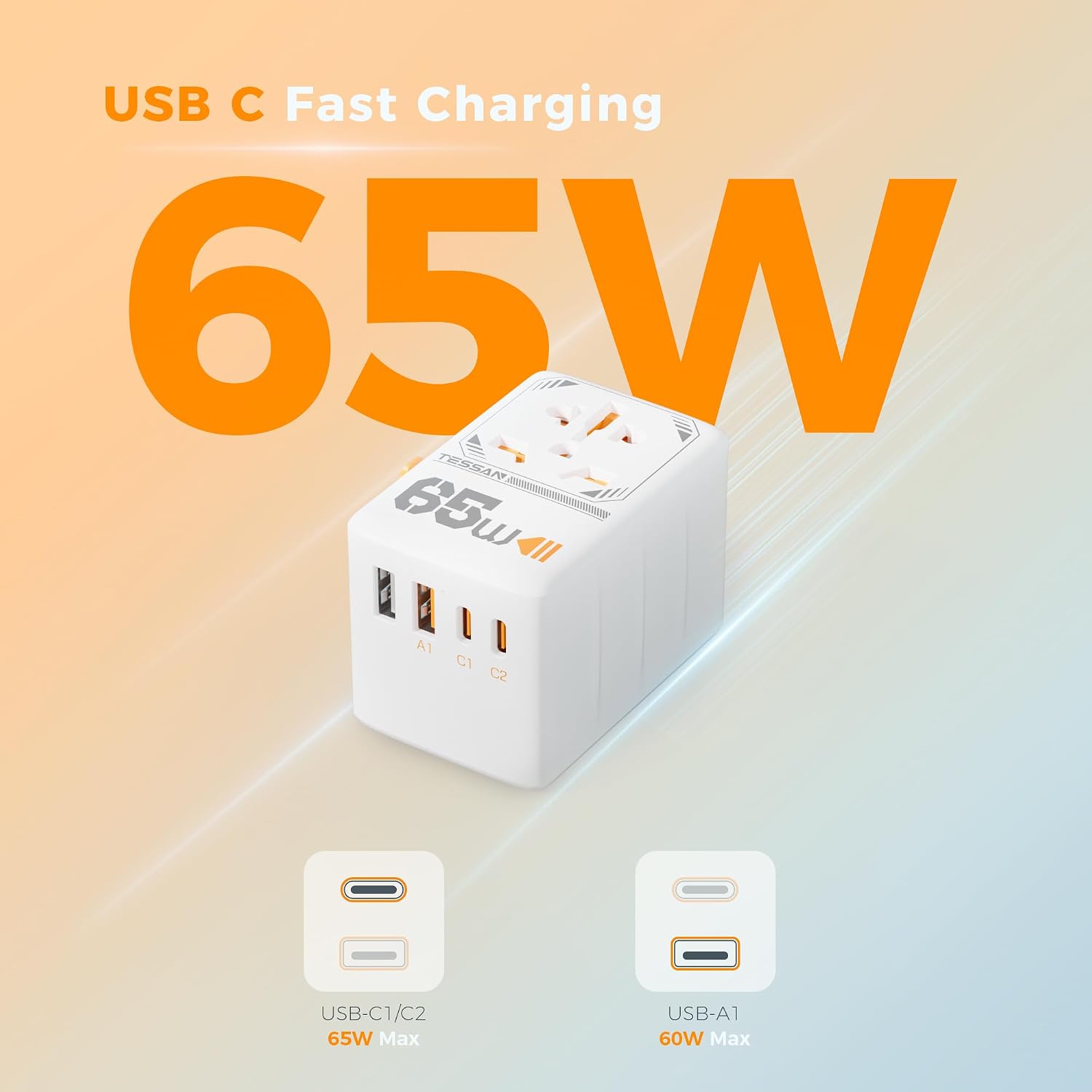 Detalle de TESSAN Universal Travel Adapter 65W with USB-C ports 🔌