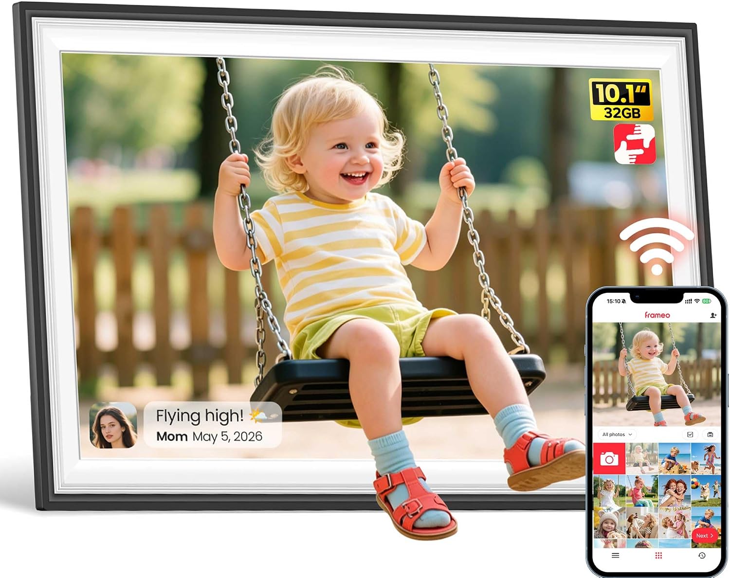 Detalle de BIGASUO Frameo WiFi Digital Photo Frame 10.1 Inch (Black/White) with Touch Screen, 32GB & Auto Rotate