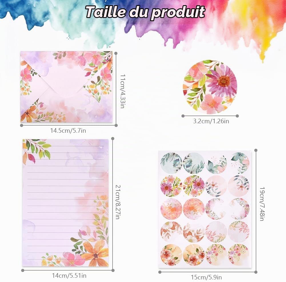 Detalle 2 de Vicloon briefpapier-set met 50 A5-vellen, 50 enveloppen en 60 bloemlabels