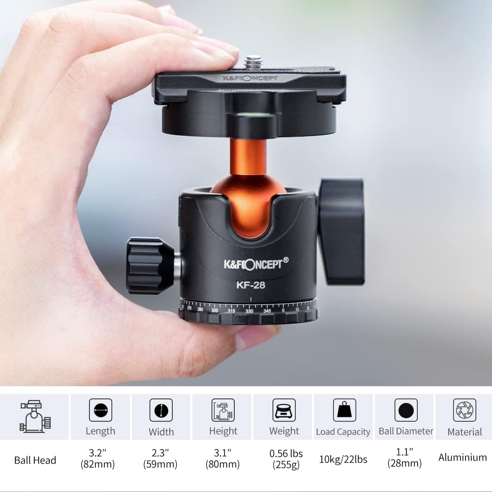 Detalle de K&F Concept 63" Carbon Fiber Tripod with Detachable Monopod and BH-28L Ball Head