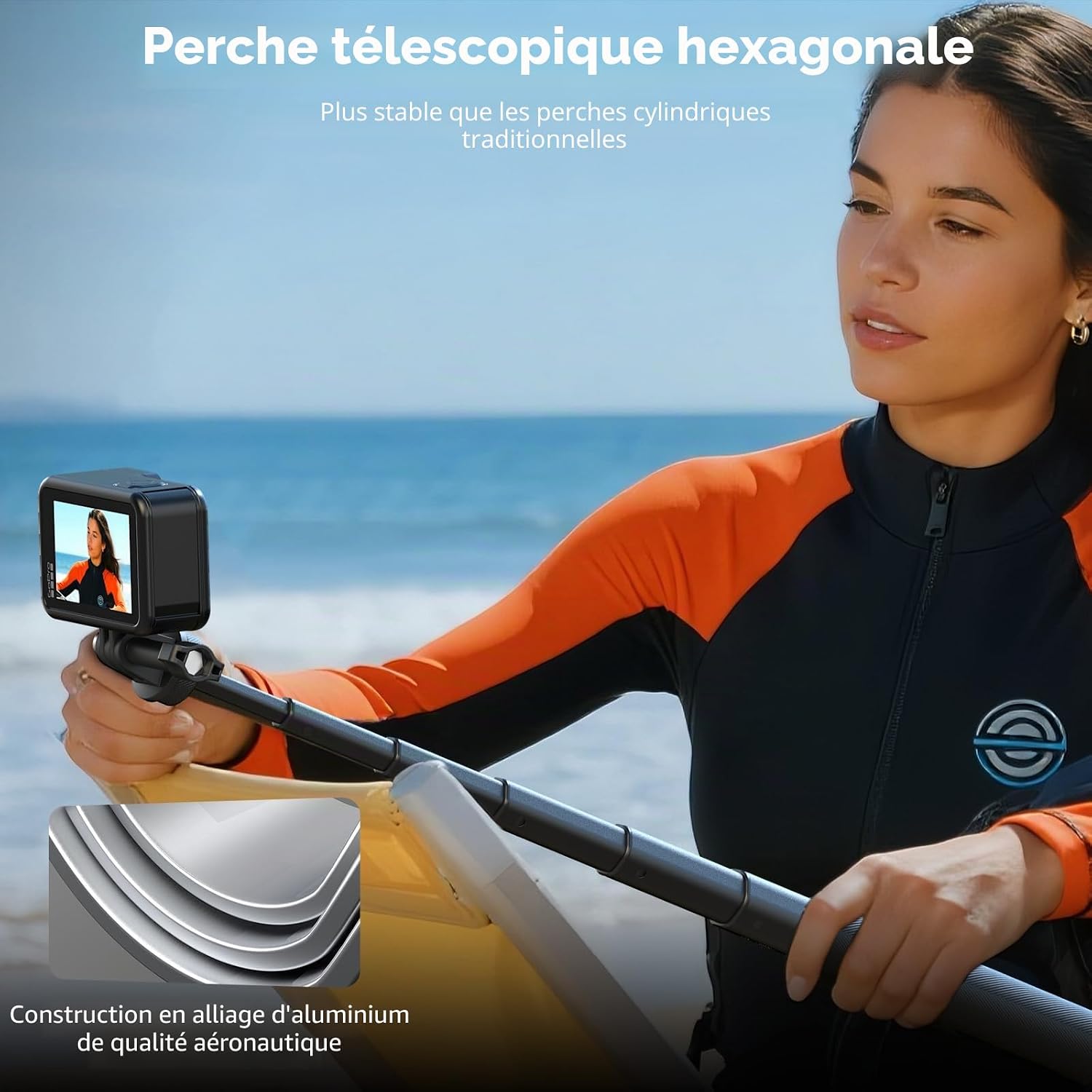 Detalle de SMALLRIG Perche à selfie pour caméras d'action, modèle 5403 – extensible 7,8 à 37,4 pouces, avec trépied et support de téléphone