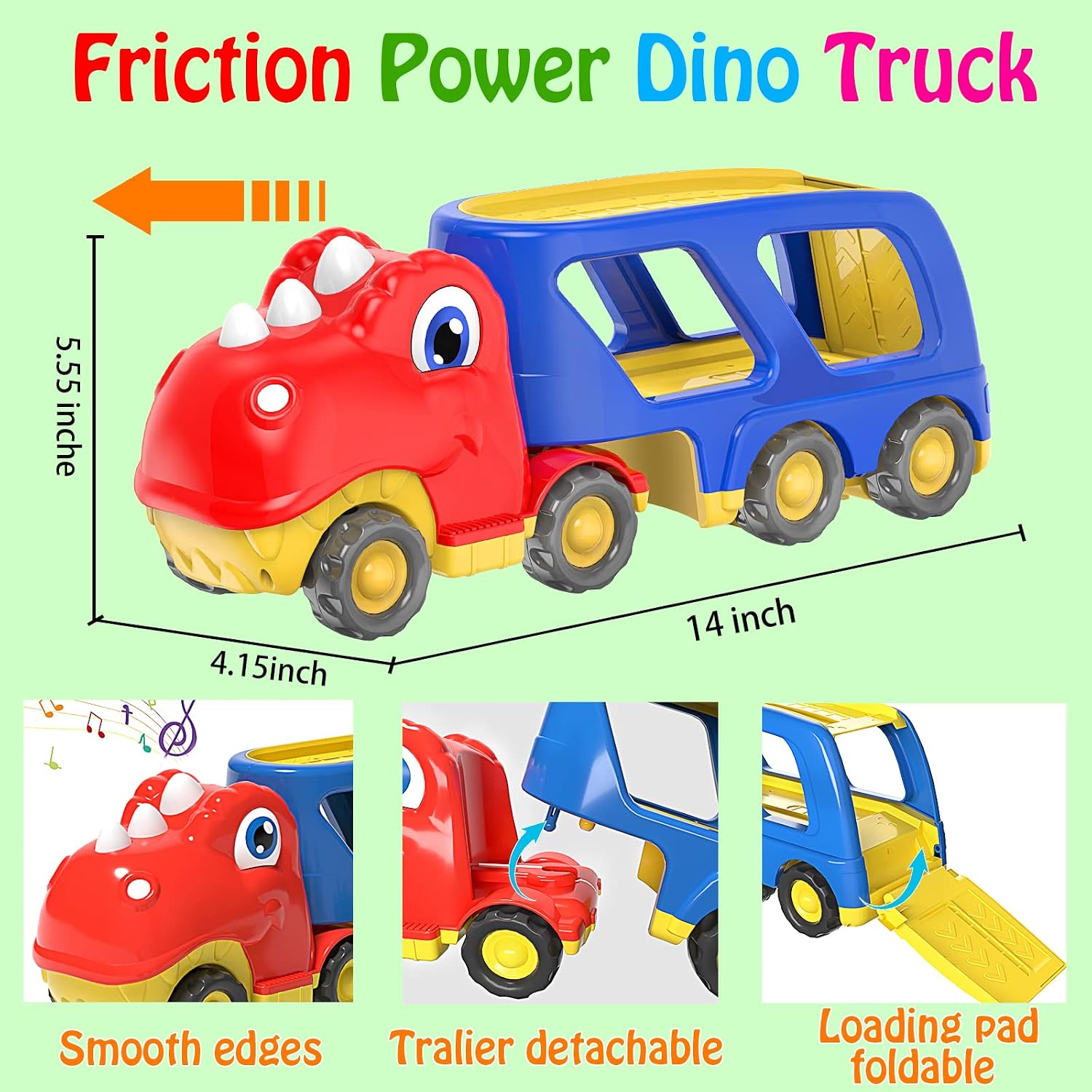 Detalle de Veslier Dinosaur Transport Truck Toy with 4 Pull-Back Cars, Lights and Sounds