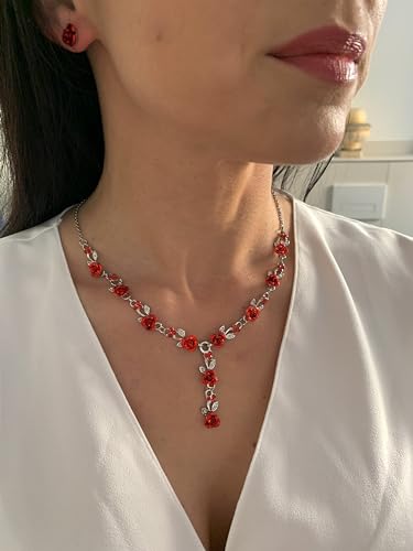 Thumbnail 6 de ONDEGO Schmuckset Rot Blumen Silber – Collier, Ohrringe und Strass für Hochzeit und Fest