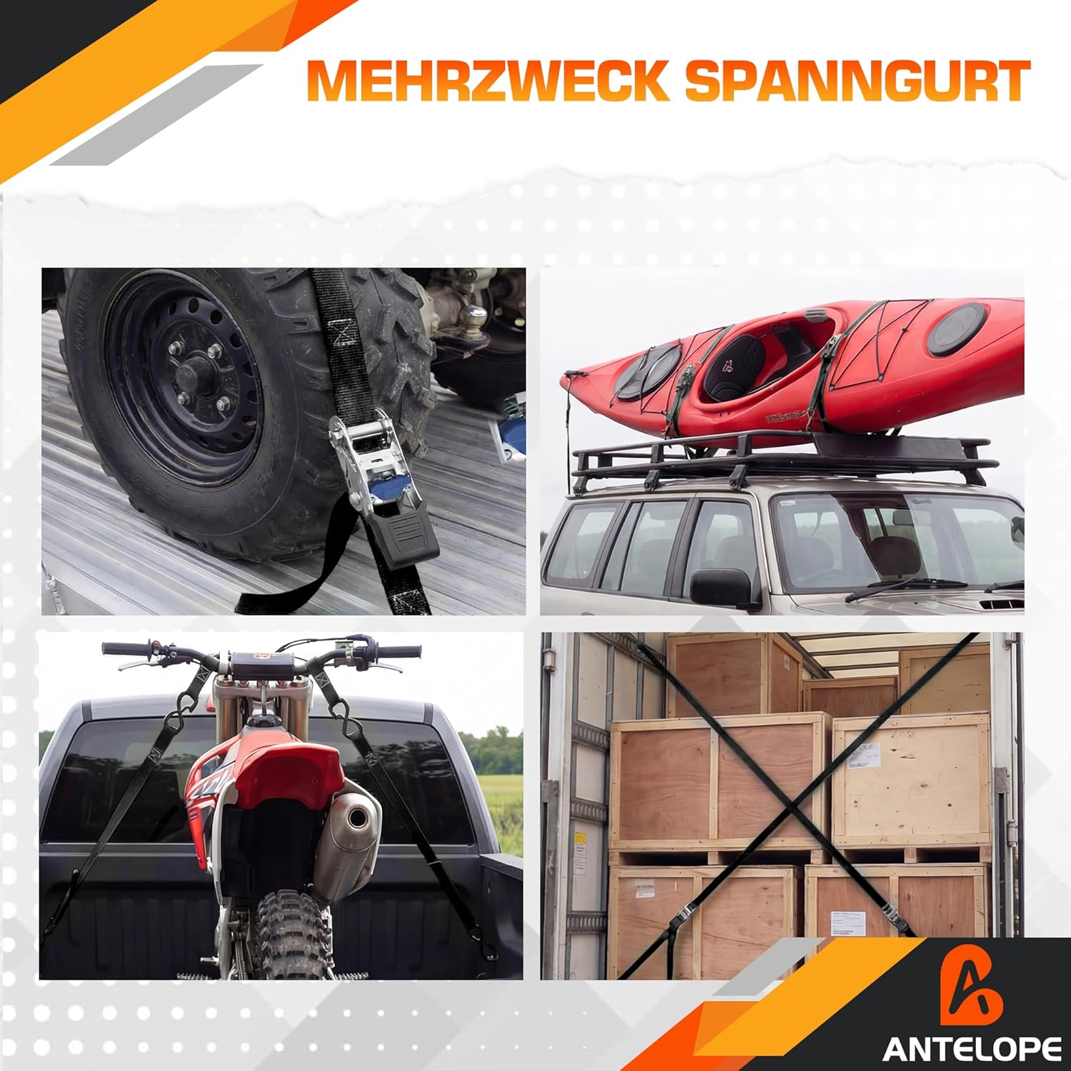 Thumbnail 4 de A ANTELOPE Spanngurte mit Ratsche 25 mm x 4 m (4 Stück) – Zurrgurte für schwere Ladung, TÜV/GS, 900 kg Bruchfestigkeit