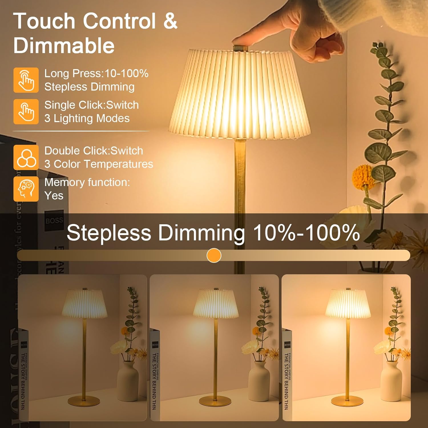 Thumbnail 3 de ZHENMING Bedside Lamp with Touch Control – Rechargeable, Cordless, 3-Way Dimmable & Colour Temp Options
