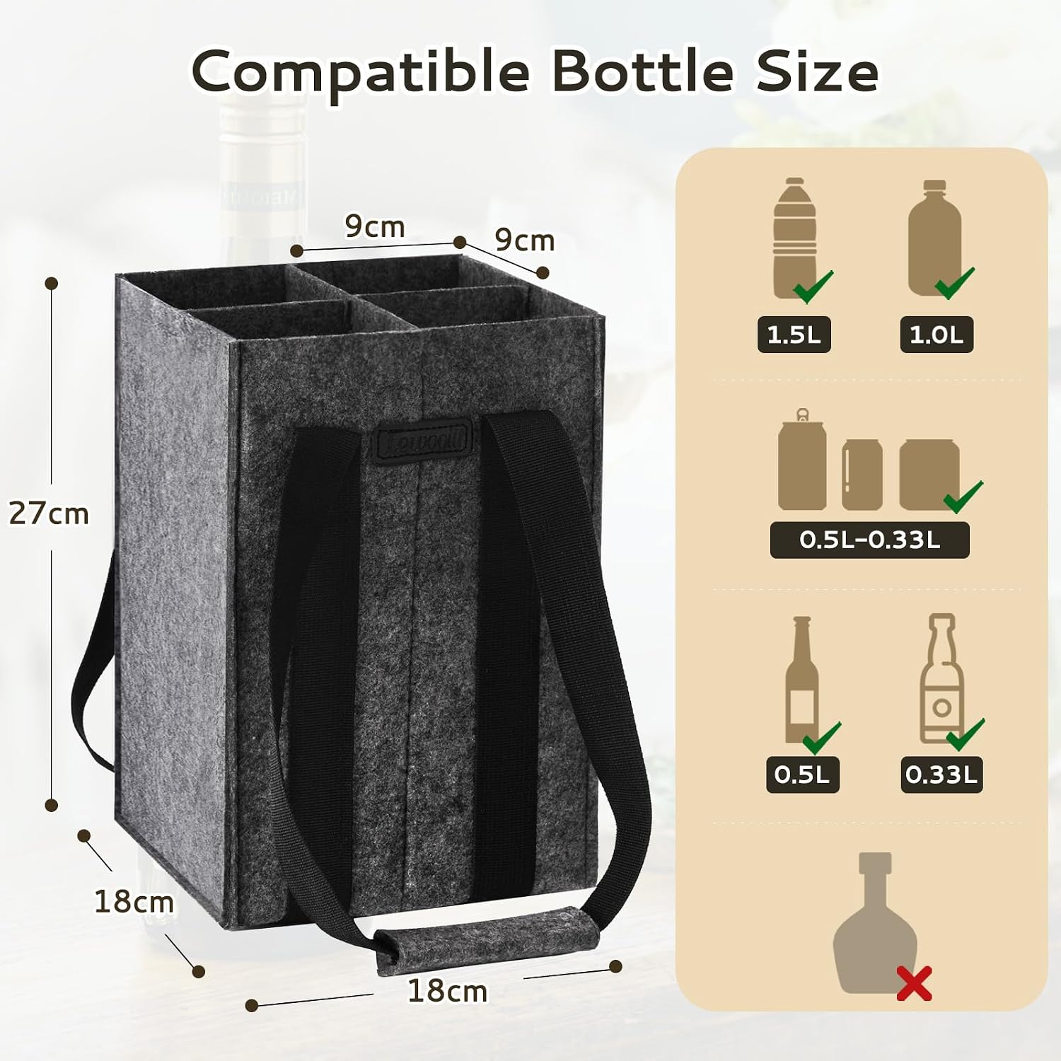Thumbnail 3 de Lewooilt Reusable wine bottle bag 4 compartments